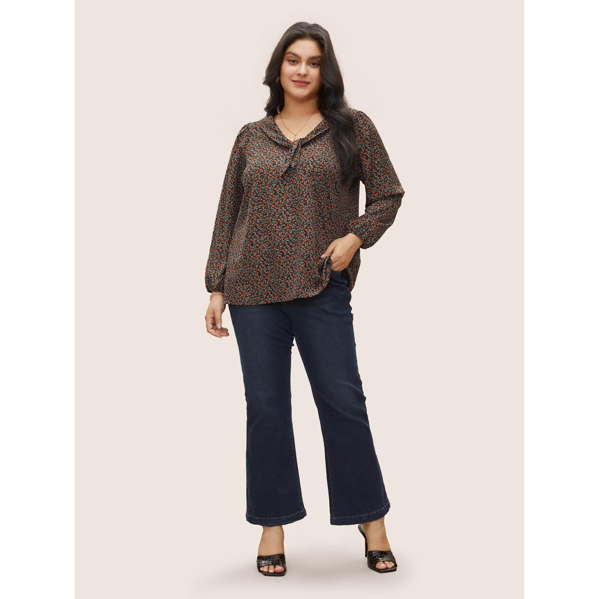 Plus Size Indigo Ditsy Floral Ties Elastic Cuffs Blouse Women Elegant Long Sleeve V-neck Everyday Blouses BloomChic 22-24/3X Product Image