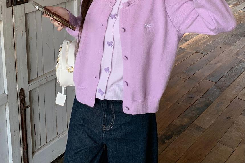 Round Neck Two Tone Bow Embroidered Mock Two-Piece Cardigan Product Image