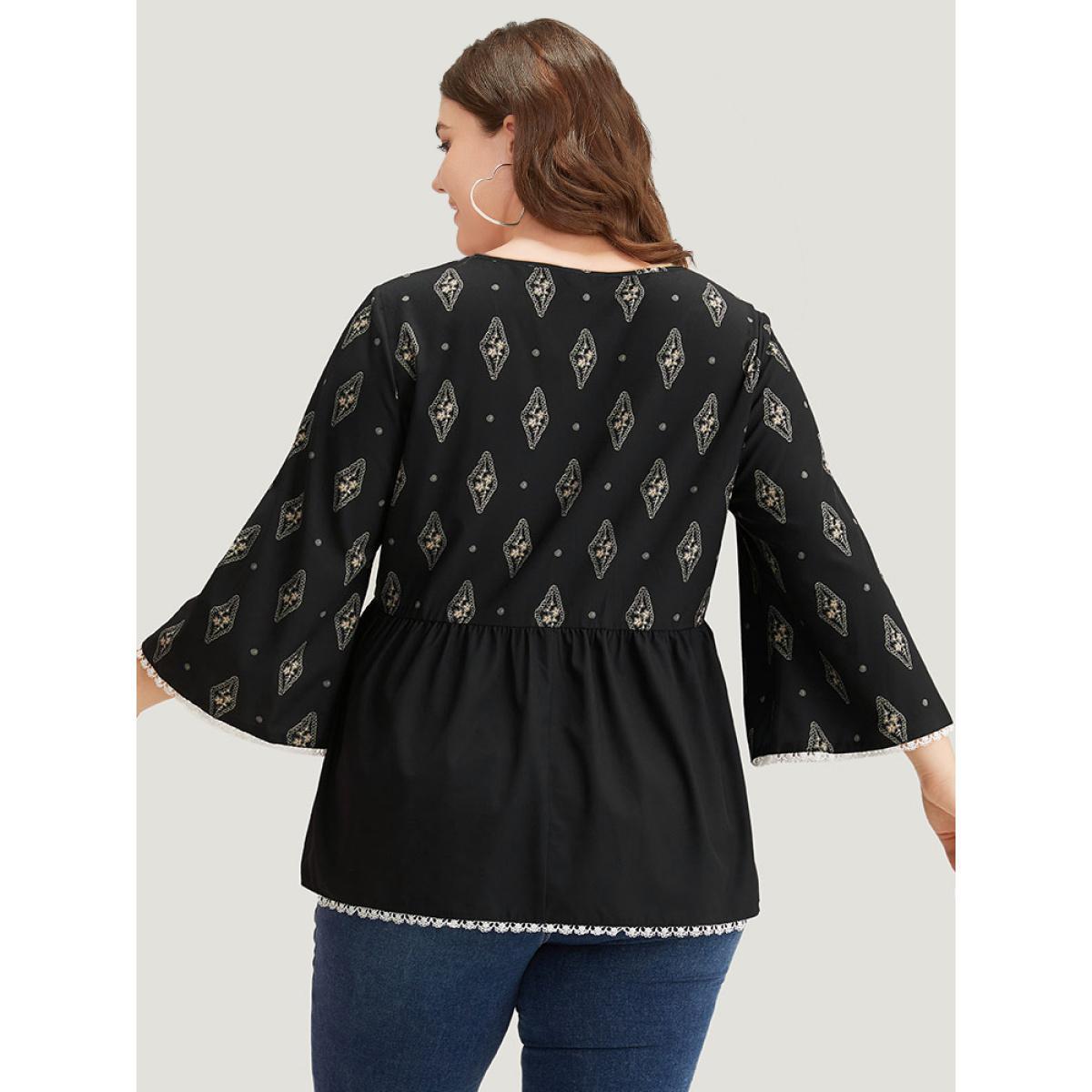 Plus Size Black Boho Print Guipure Lace V Neck Bell Sleeve Blouse Women Vacation Elbow-length sleeve V-neck Dailywear Blouses BloomChic 30/6X Product Image
