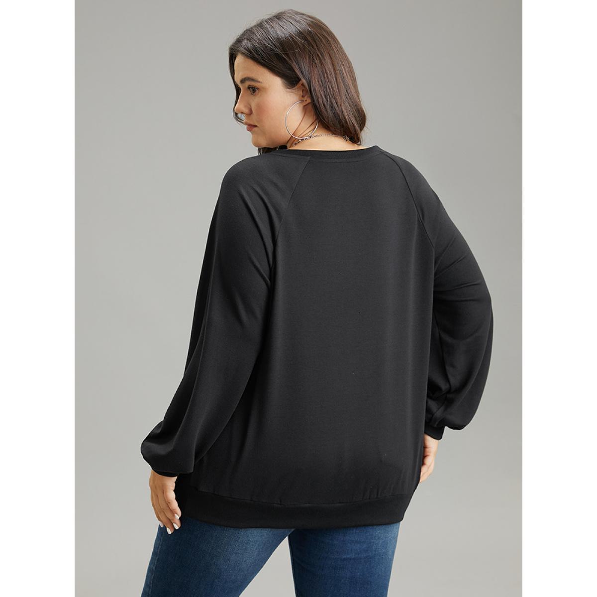 Plus Size Solid Rib Knit Cut Out Raglan Sleeve Sweatshirt Women Black Casual Rib Knit Keyhole Cut-Out Everyday Sweatshirts BloomChic 18-20/2X Product Image