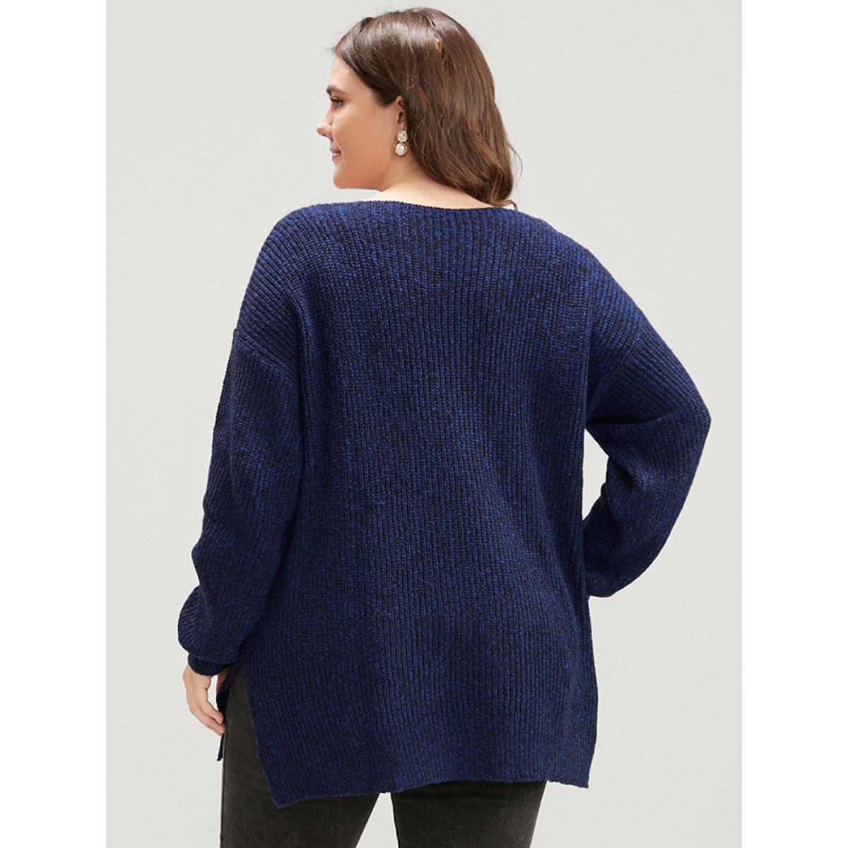 Plus Size Solid Pointelle Knit V Neck Split Hem Heather Knit Top DarkBlue Women Casual Loose Long Sleeve V-neck Dailywear Pullovers BloomChic 22-24/3X Product Image