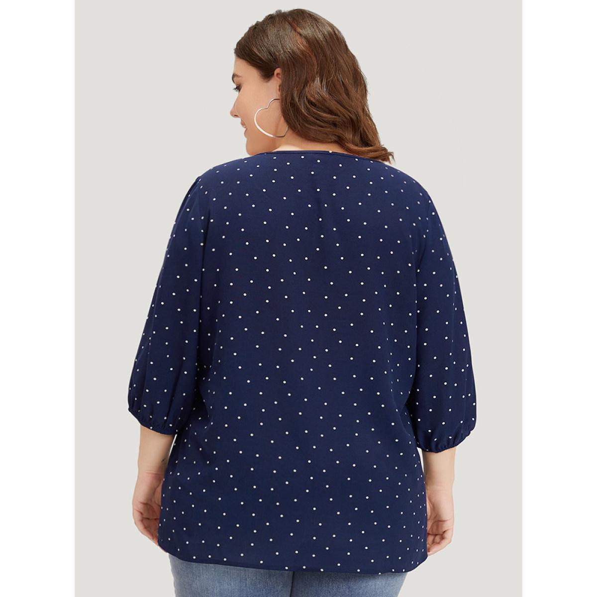 Plus Size Indigo Polka Dot Tassels Ties Elastic Cuffs Blouse Women Vacation Elbow-length sleeve V-neck Vacation Blouses BloomChic 28/5X Product Image