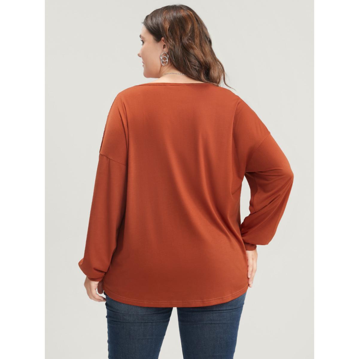Plus Size Solid Round Neck Eyelet Insert Long Tee Rust Women Casual Patchwork Plain Round Neck Dailywear T-shirts BloomChic 26/4X Product Image