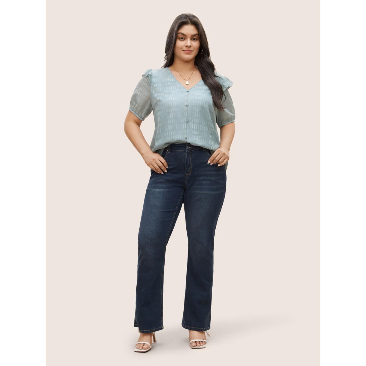 Plus Size LightBlue Solid Textured Gathered Ruffles Button Detail Blouse Women Elegant Short sleeve V-neck Everyday Blouses BloomChic 10/M Product Image