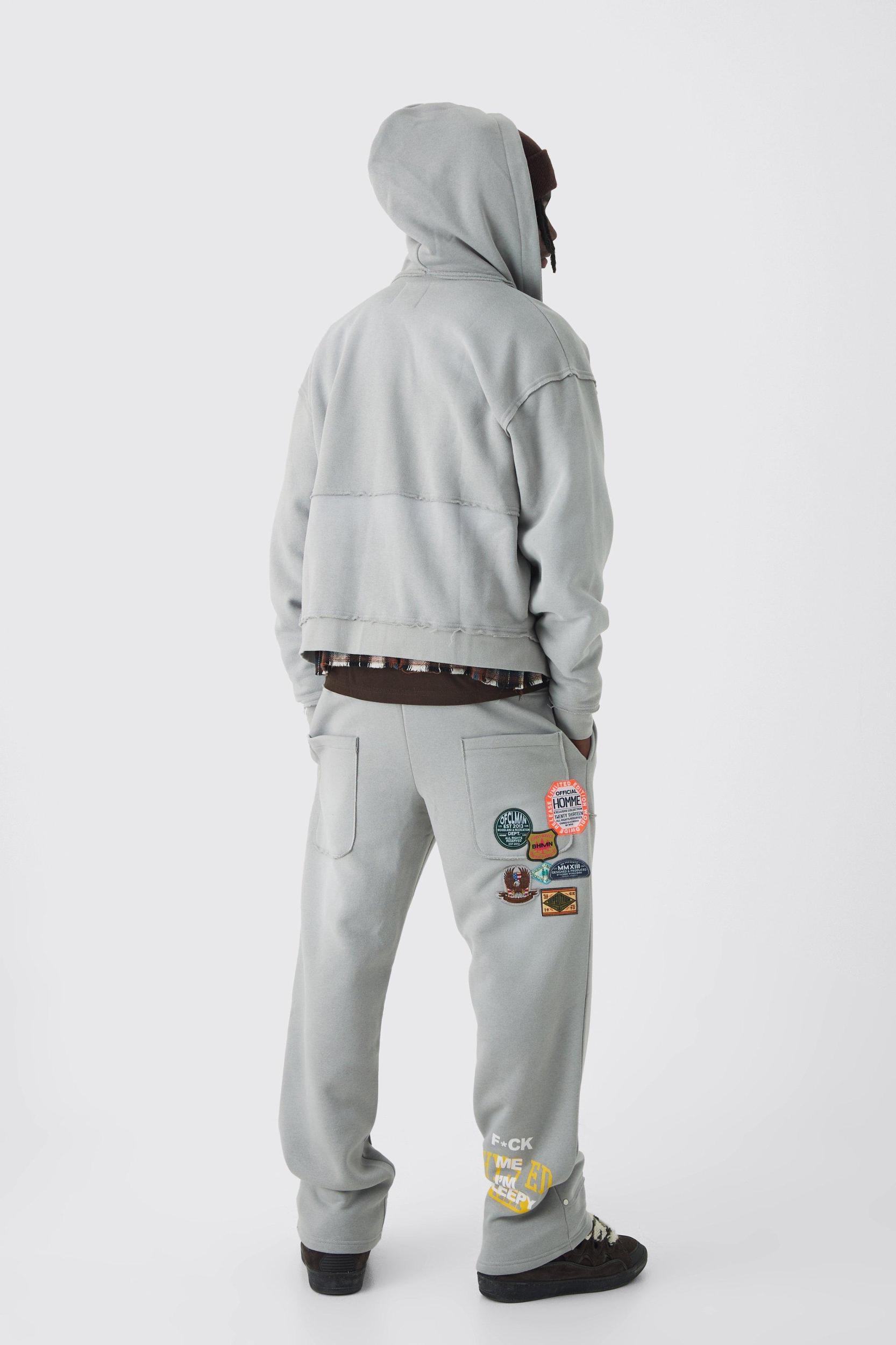 Oversized Applique Distressed Zip Through Brushback Hoodie | boohooMAN USA Product Image
