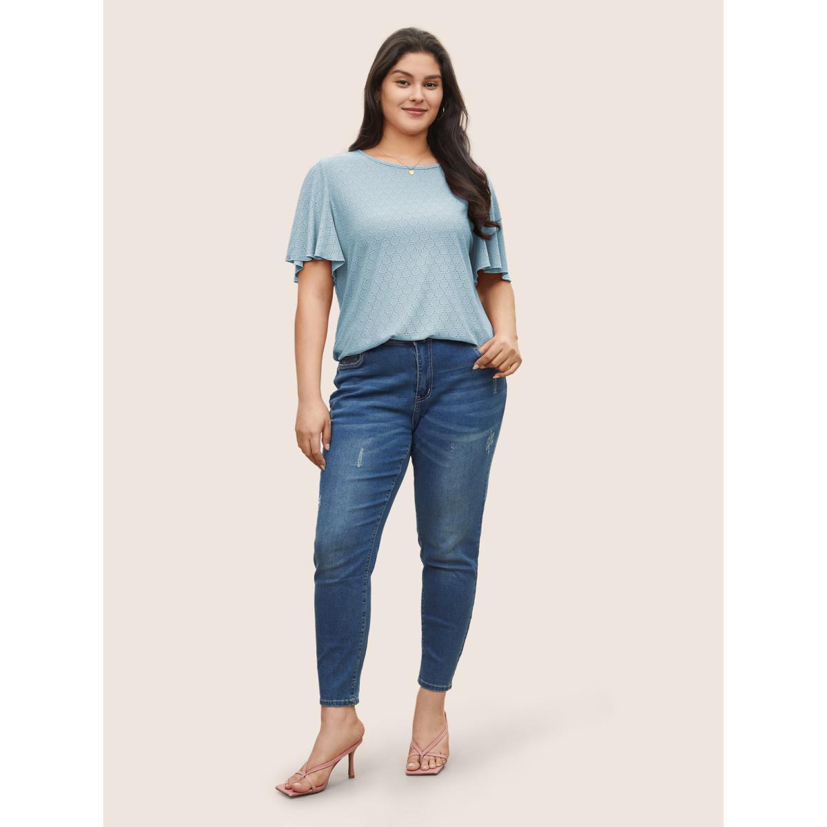 Plus Size Plain Textured Geometric Flutter Sleeve T-shirt LightBlue Women Elegant Texture Plain Round Neck Everyday T-shirts BloomChic 18-20/2X Product Image