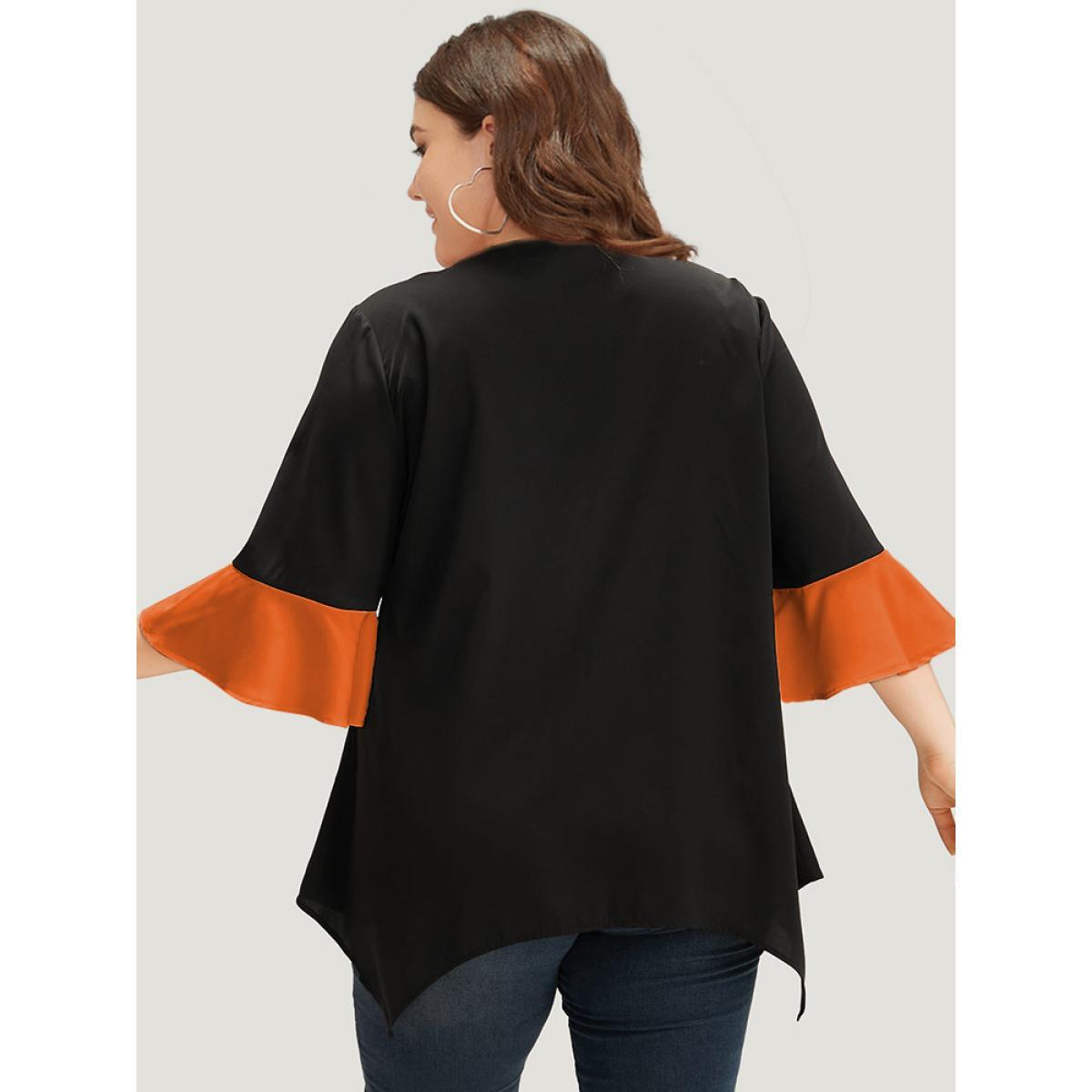 Plus Size Chocolate Anti-Wrinkle Contrast Zip Up Flutter Sleeve Hanky Hem Blouse Women Office Half Sleeve Round Neck Work Blouses BloomChic 14-16/1X Product Image