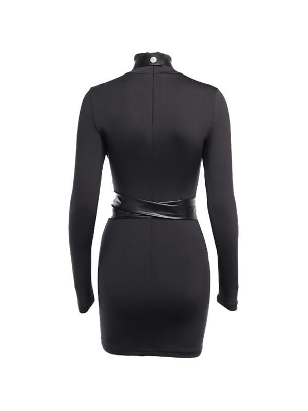 Leather Splice Long Sleeve Bodycon Mini Dress Product Image