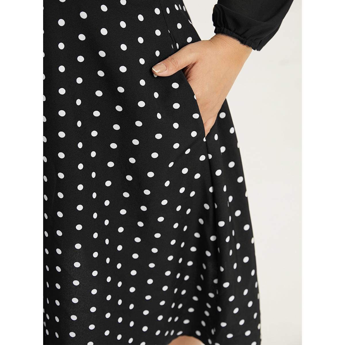 Plus Size Polka Dot Patchwork Knot Lantern Sleeve Dress Black Women Office Elastic cuffs Tie Neck Long Sleeve Curvy Midi Dress BloomChic 10/M Product Image