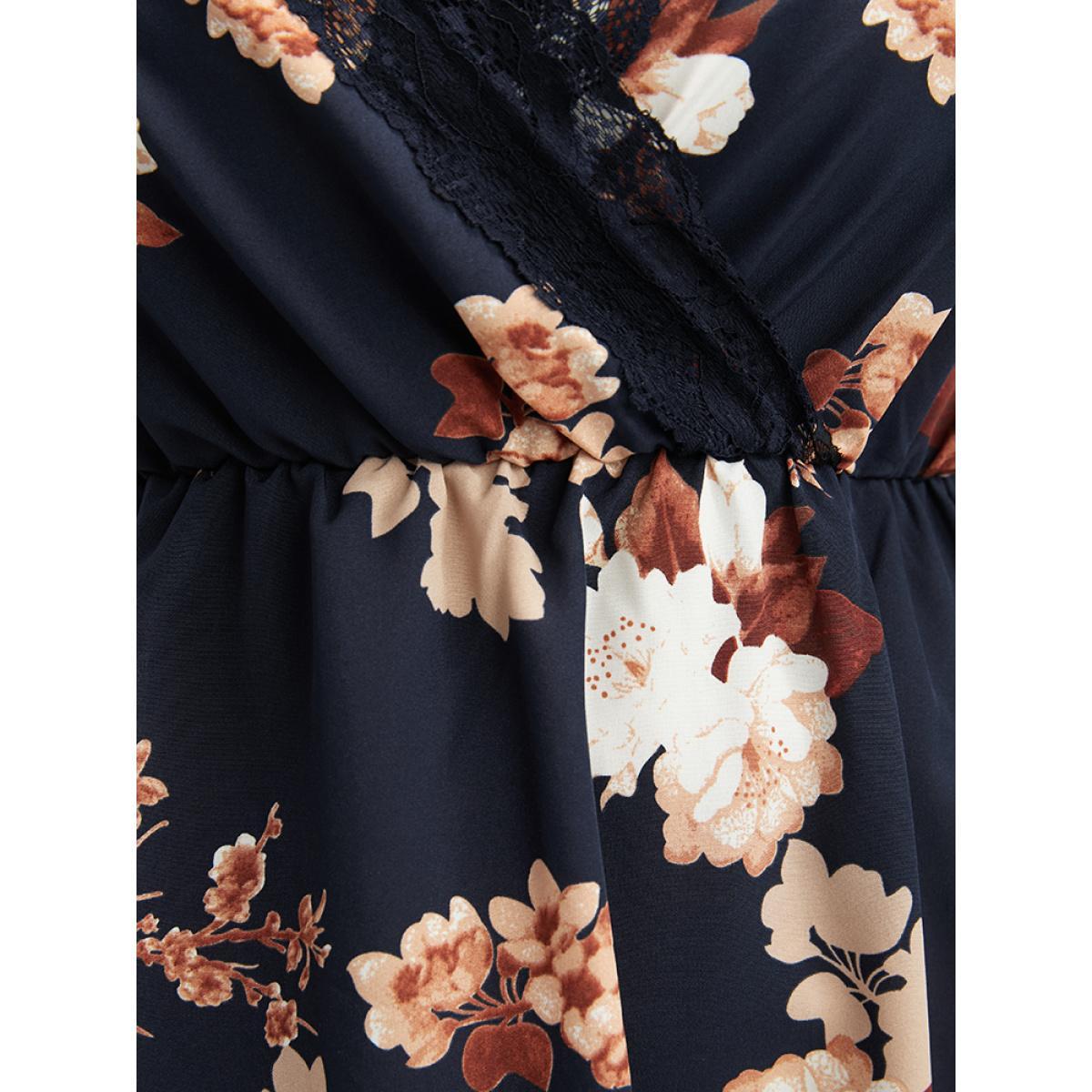 Plus Size Floral Wrap Lace Trim Cami Night Dress Women DarkBlue Elegant Floral Elastic Waist V-neck Loungewear BloomChic 18-20/2X Product Image