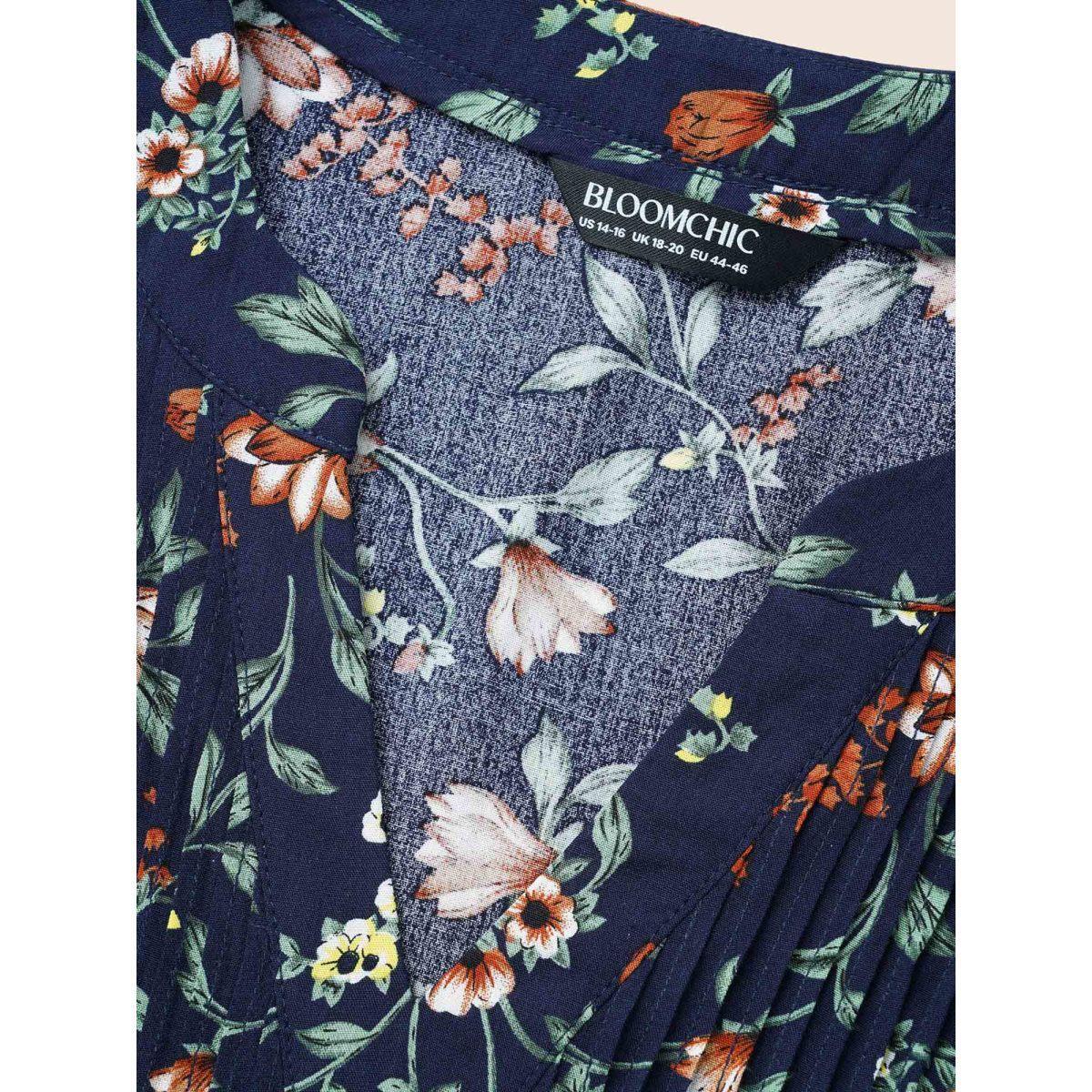 Plus Size Plum Ditsy Floral Pleated Flutter Sleeve Blouse Women Elegant Elbow-length sleeve Flat collar with V-notch Everyday Blouses BloomChic 10/M Product Image