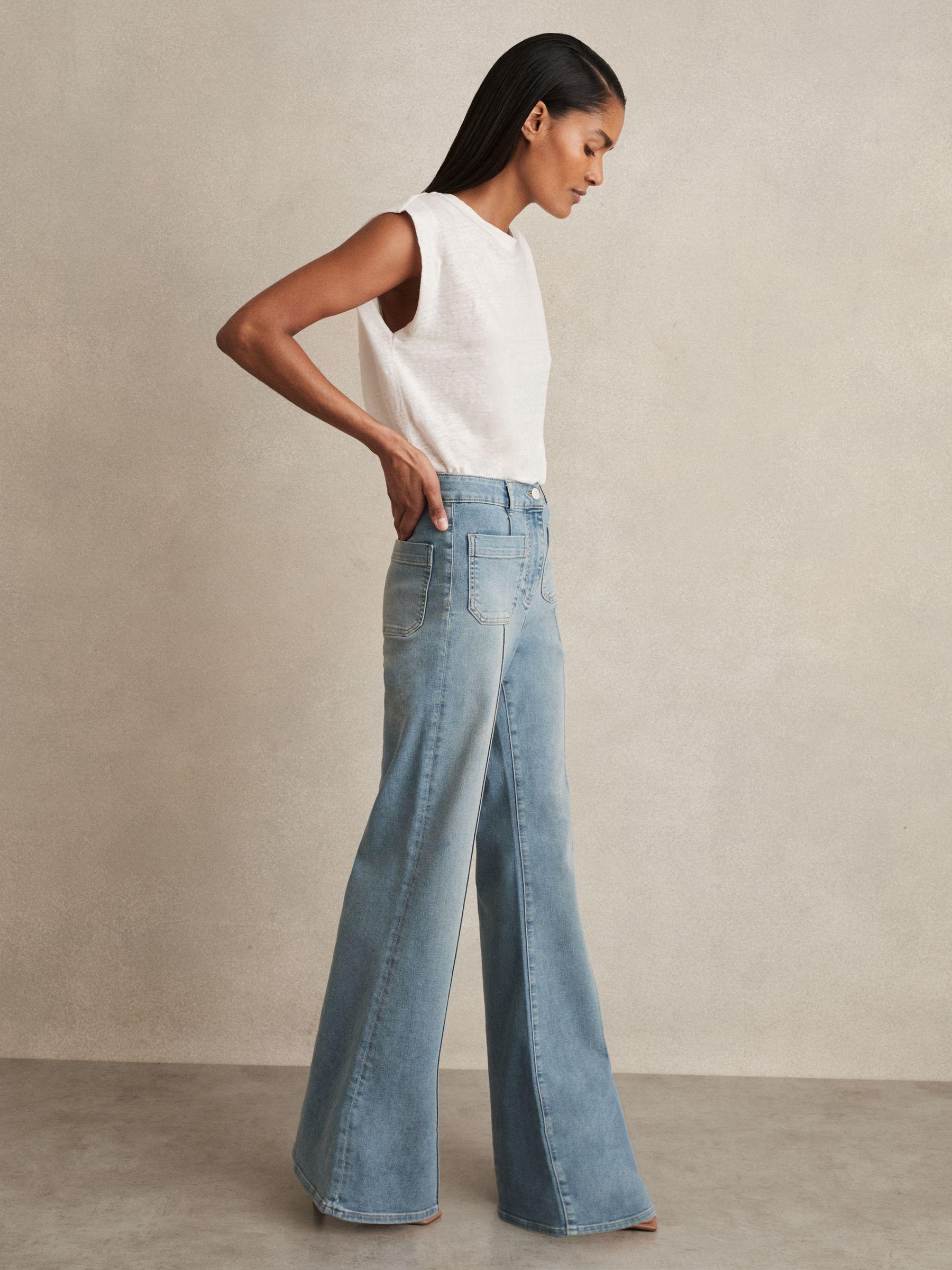Petite Straight-Leg Patchwork Jeans in Mid Blue Product Image