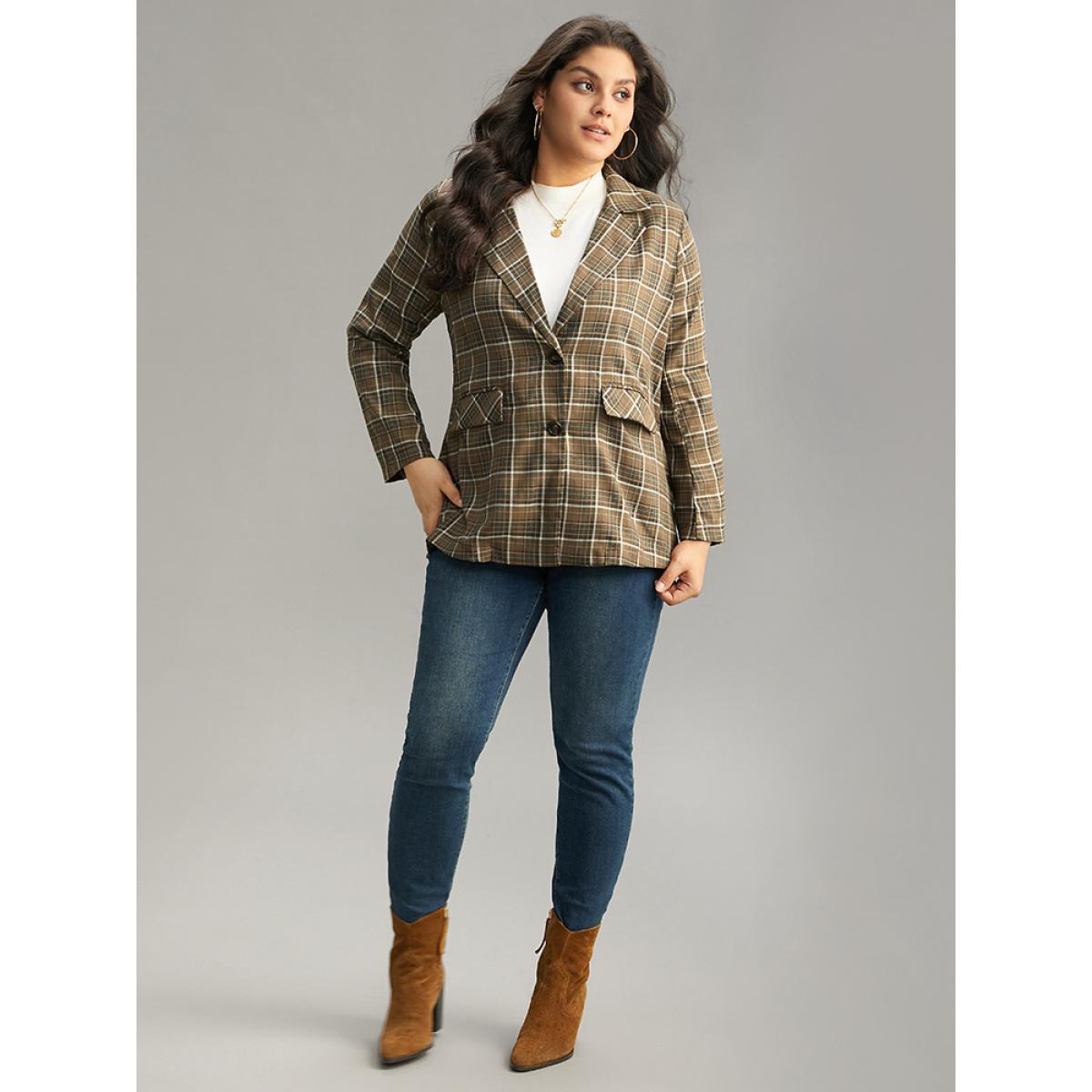 Plus Size Plaid Flap Pocket Button Through Blazer Bronze Women Work Plaid Contrast Sleeve Long Sleeve Lapel Collar 22-24/3X Pocket Office Blazers BloomChic Product Image