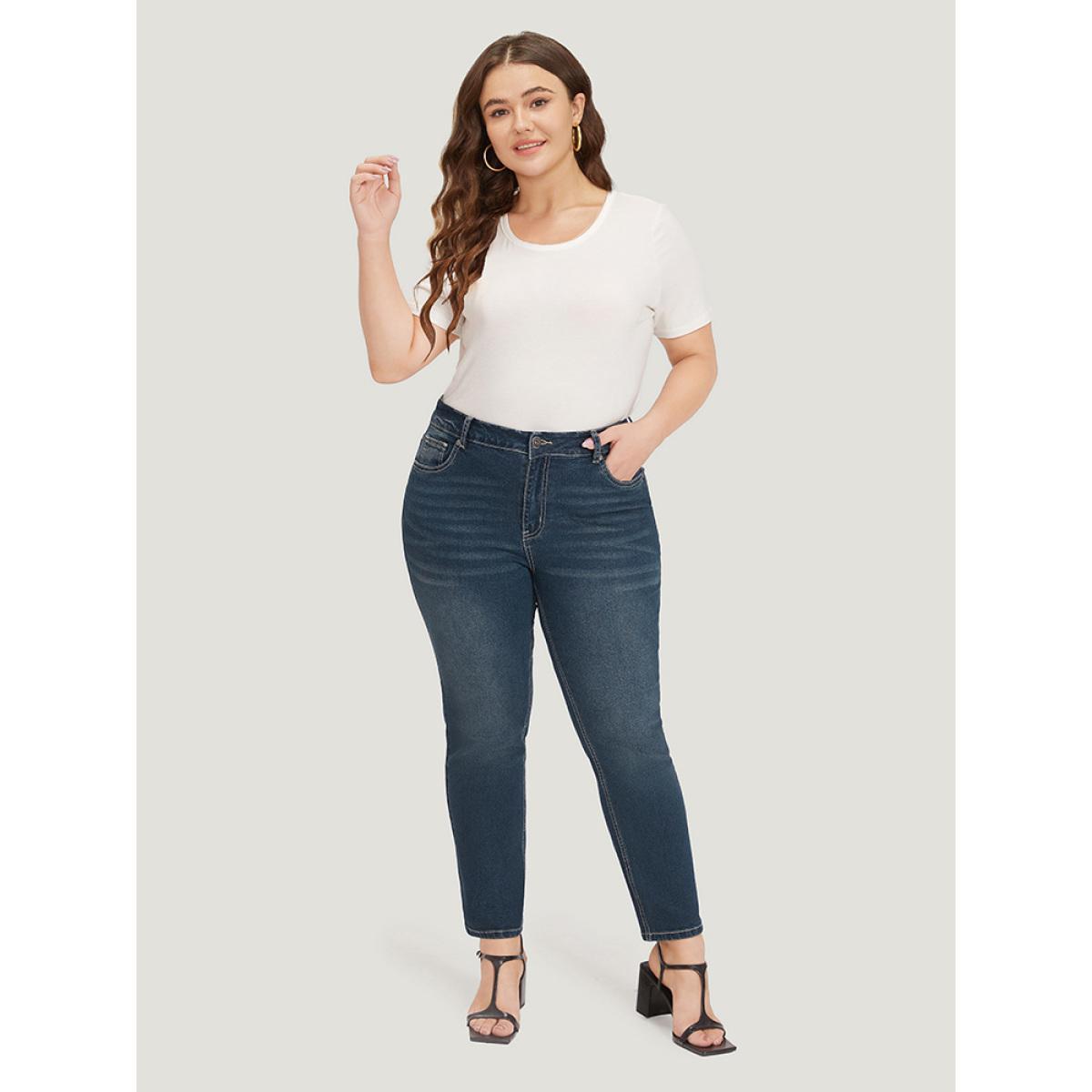 Plus Size Solid High Rise Pocket Dark Wash Jeans Women Midnight Casual Plain Plain High stretch Pocket Jeans BloomChic 22/3X Product Image