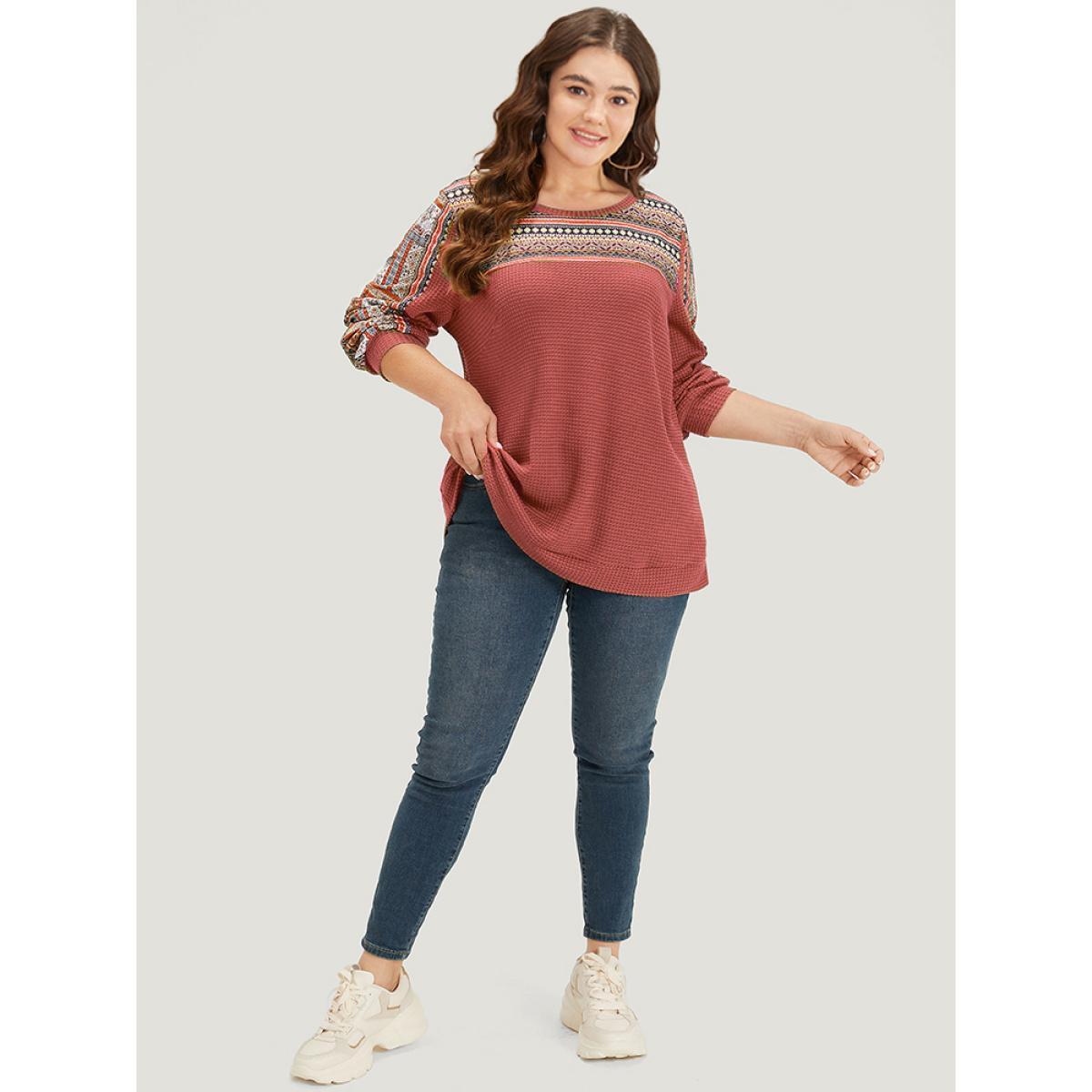 Plus Size Boho Print Patchwork Waffle Knit Crew Neck Sweatshirt Women Chocolate Casual Elastic cuffs Round Neck Dailywear Sweatshirts BloomChic 14-16/1X Product Image