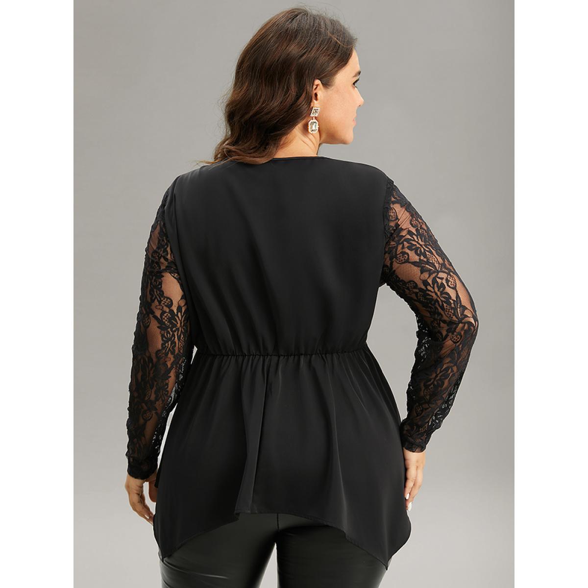 Plus Size Black Guipure Lace Metal Detail Cut Out Hanky Hem Blouse Women Glamour Long Sleeve Round Neck Party Blouses BloomChic 12/L Product Image