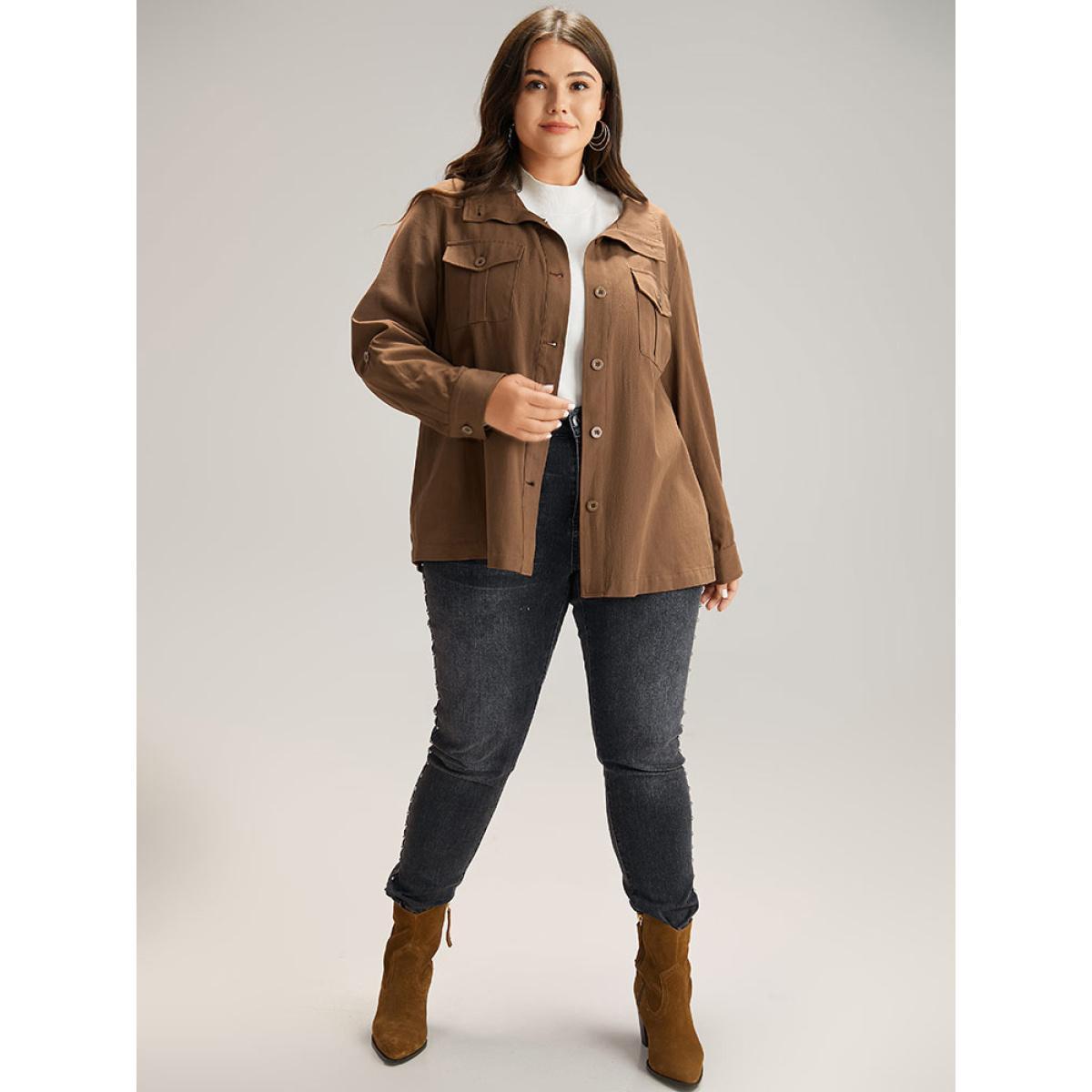 Plus Size Plain Roll Tab Sleeve Button Down Coat Women Bronze Casual Plain Ladies Dailywear Winter Coats BloomChic 30/6X Product Image