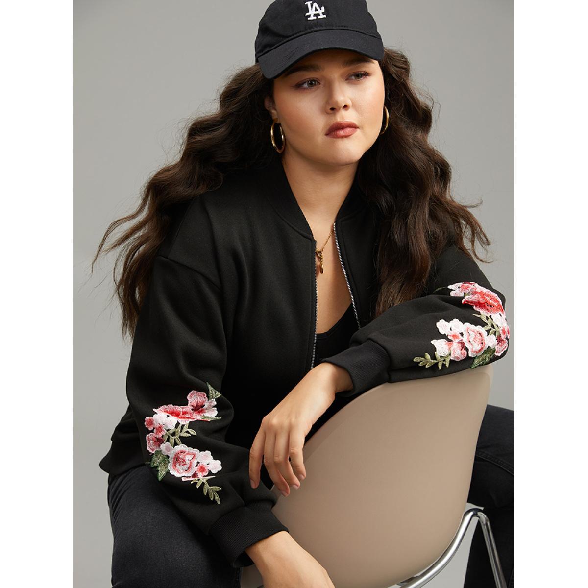 Plus Size Floral Embroidered O Ring Zipper Jacket Women Black Elastic cuffs Everyday Jackets BloomChic 14-16/1X Product Image