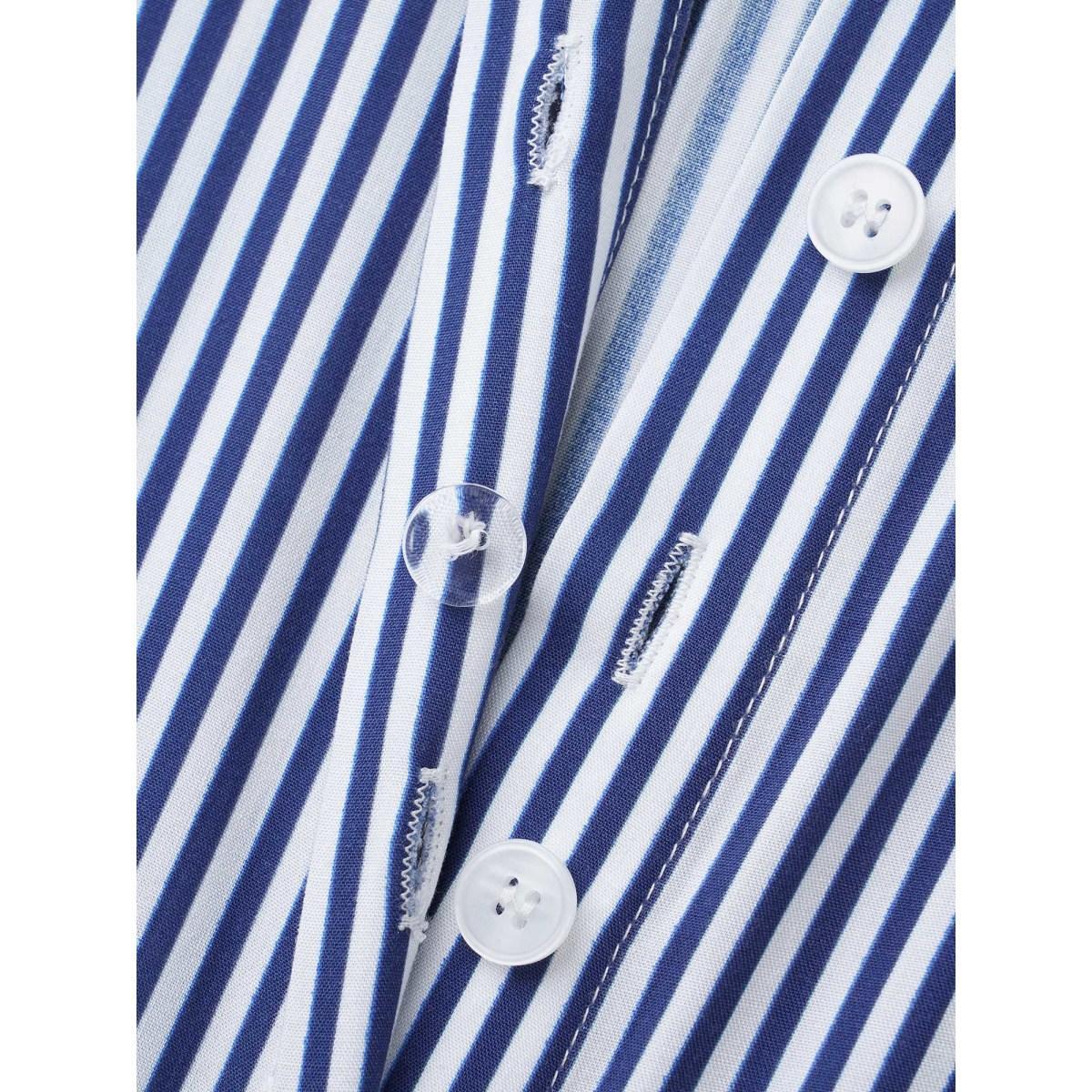 Plus Size Mediumblue Striped Shirt Collar Shirred Blouse Women Elegant Long Sleeve Shirt collar Everyday Blouses BloomChic 12/L Product Image