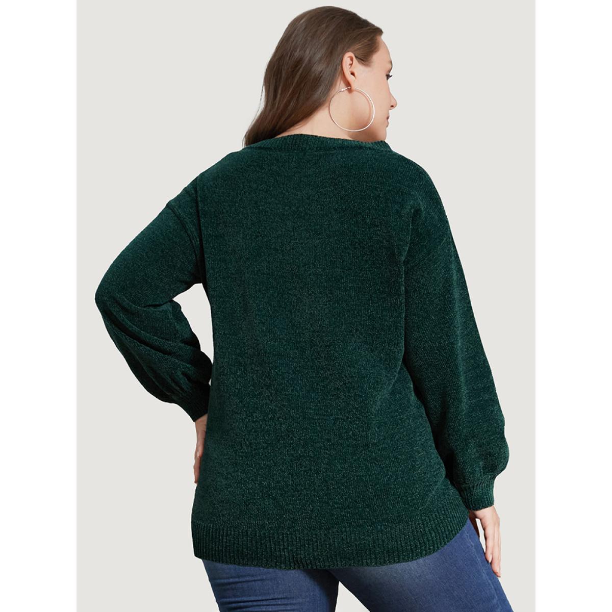 Plus Size Solid Chenille Knit Lantern Sleeve V Neck Knit Top DarkGreen Women Elegant Long Sleeve V-neck Dailywear Pullovers BloomChic 18-20/2X Product Image