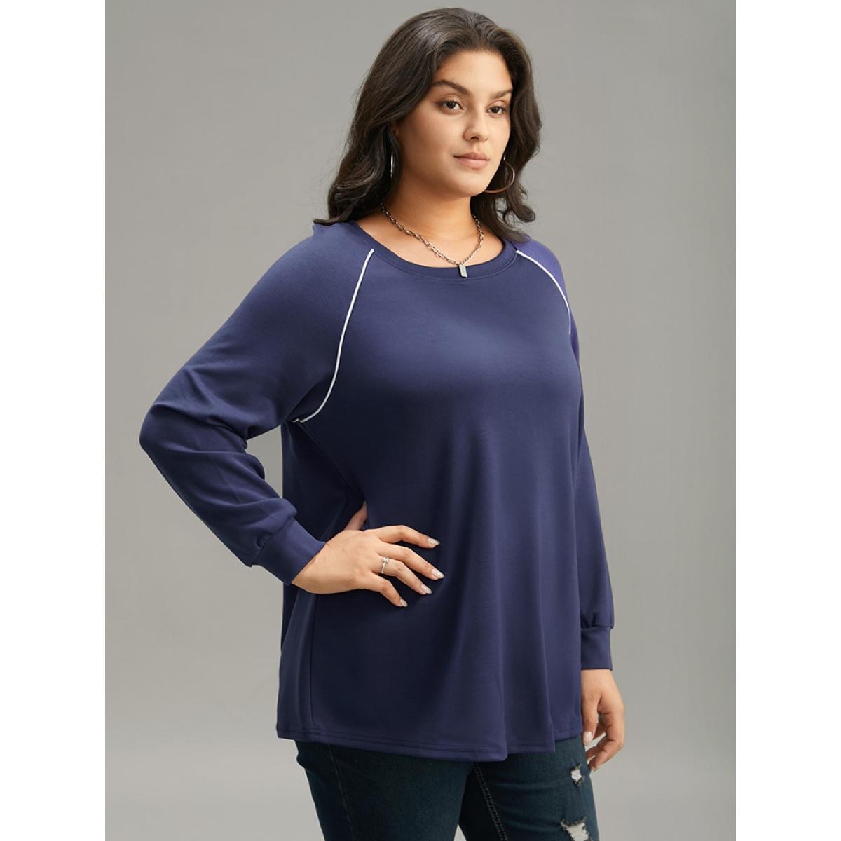 Plus Size Supersoft Essentials Contrast Trim Raglan Sleeve Sweatshirt Women DarkBlue Casual Elastic cuffs Round Neck Dailywear Sweatshirts BloomChic 30/6X Product Image