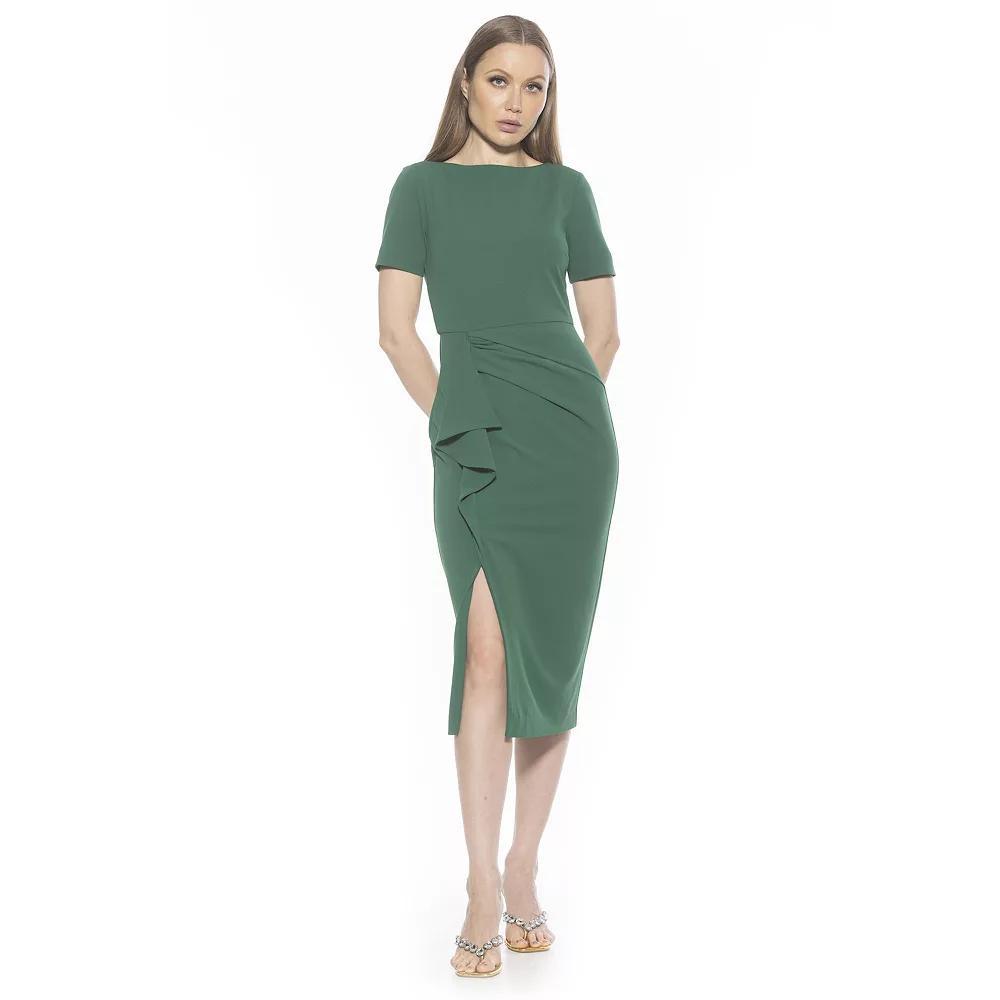 Women's ALEXIA ADMOR Zayd Boatneck Midi Sheath Dress With Front Ruffle, Size: XS, Green Product Image