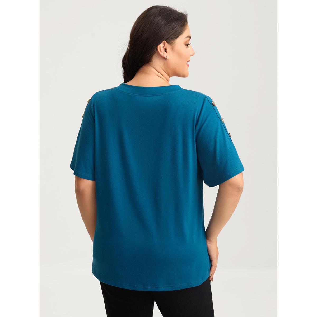 Plus Size Supersoft Bust-Friendly Pleated T-Shirt Aegean Women Button V-neck Everyday-Casual T-shirts BloomChic 22-24/3X Product Image