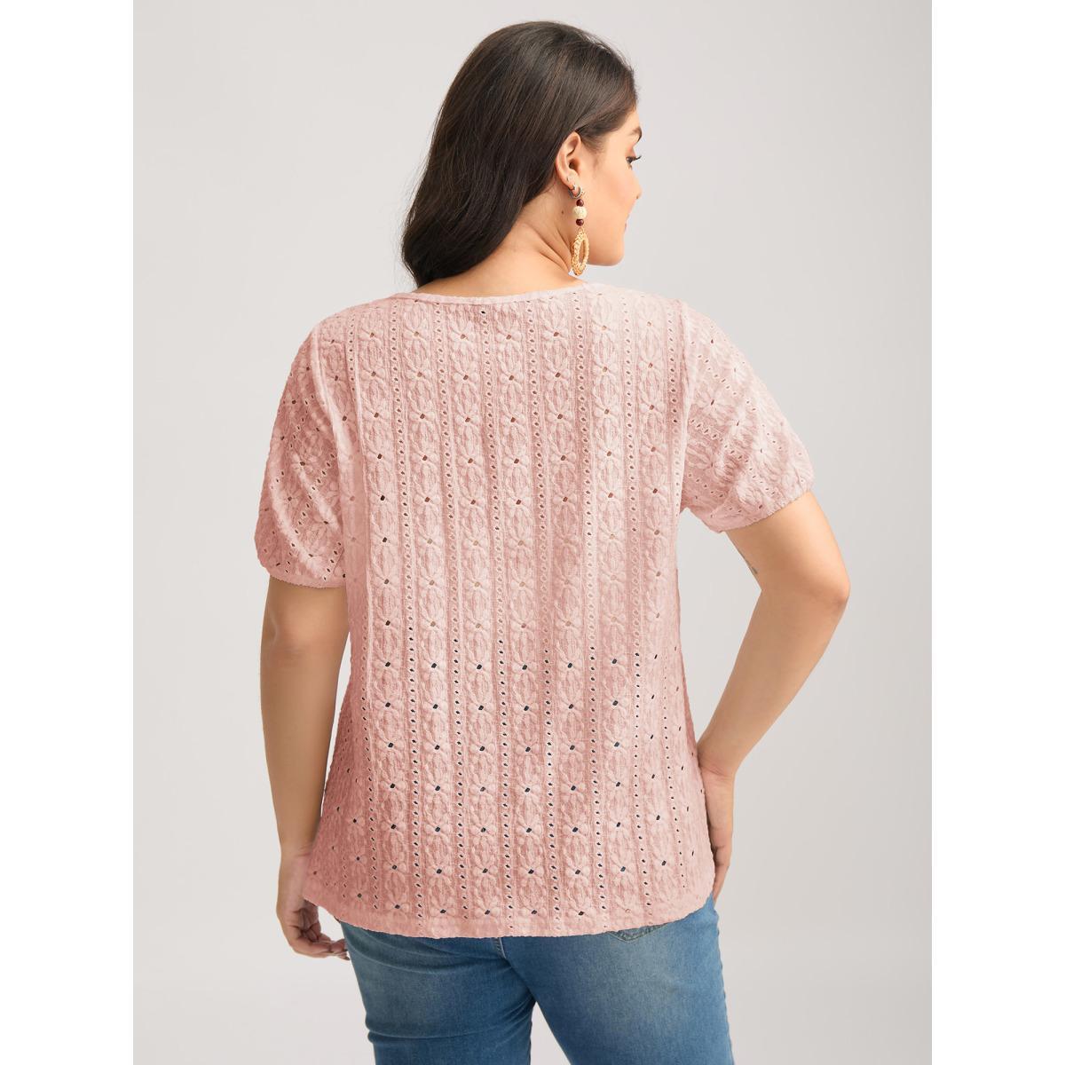 Plus Size Eyelet Trim Floral Embroidered Solid T-Shirt Nudepink Women Woven ribbon&lace trim Square Neck Everyday-Elegant T-shirts BloomChic 12/L Product Image