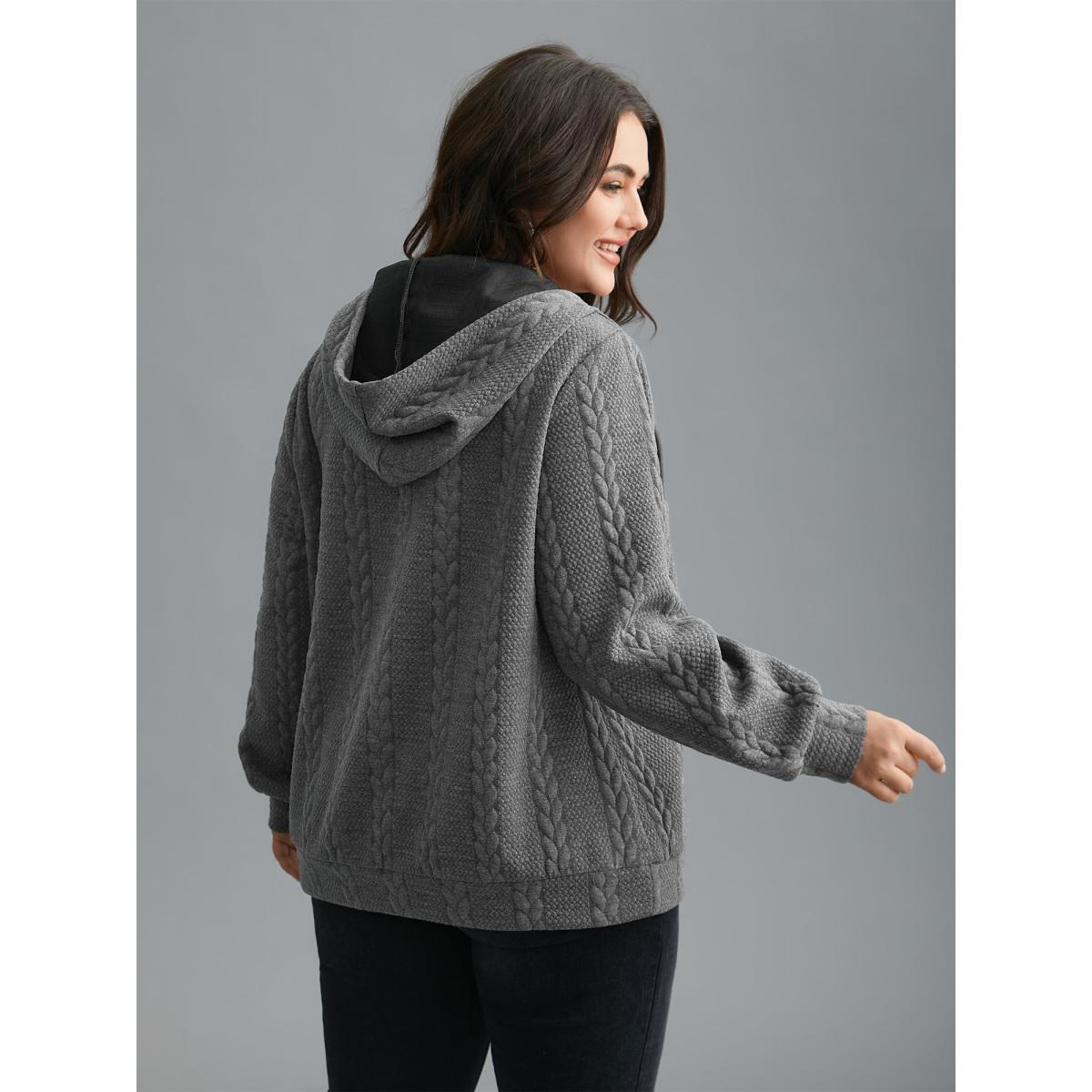Plus Size Cable Knit V-Neck Ribbed Hem Hoodie Women DimGray Casual Texture Hooded Everyday Sweatshirts BloomChic 12/L Product Image