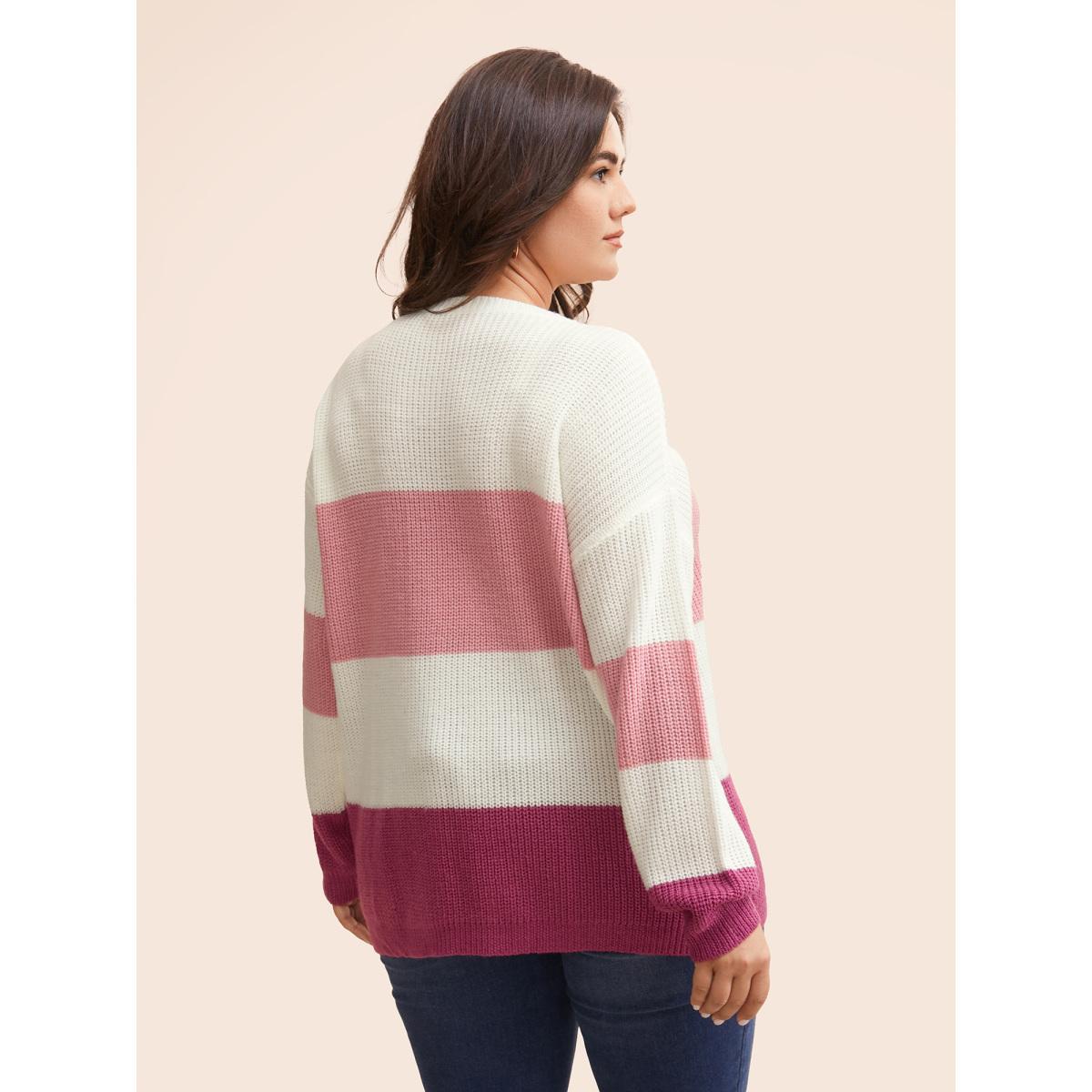 Plus Size Round Neck Colorblock Contrast Pullover RedViolet Women Casual Long Sleeve Round Neck Everyday Pullovers BloomChic 30/6X Product Image