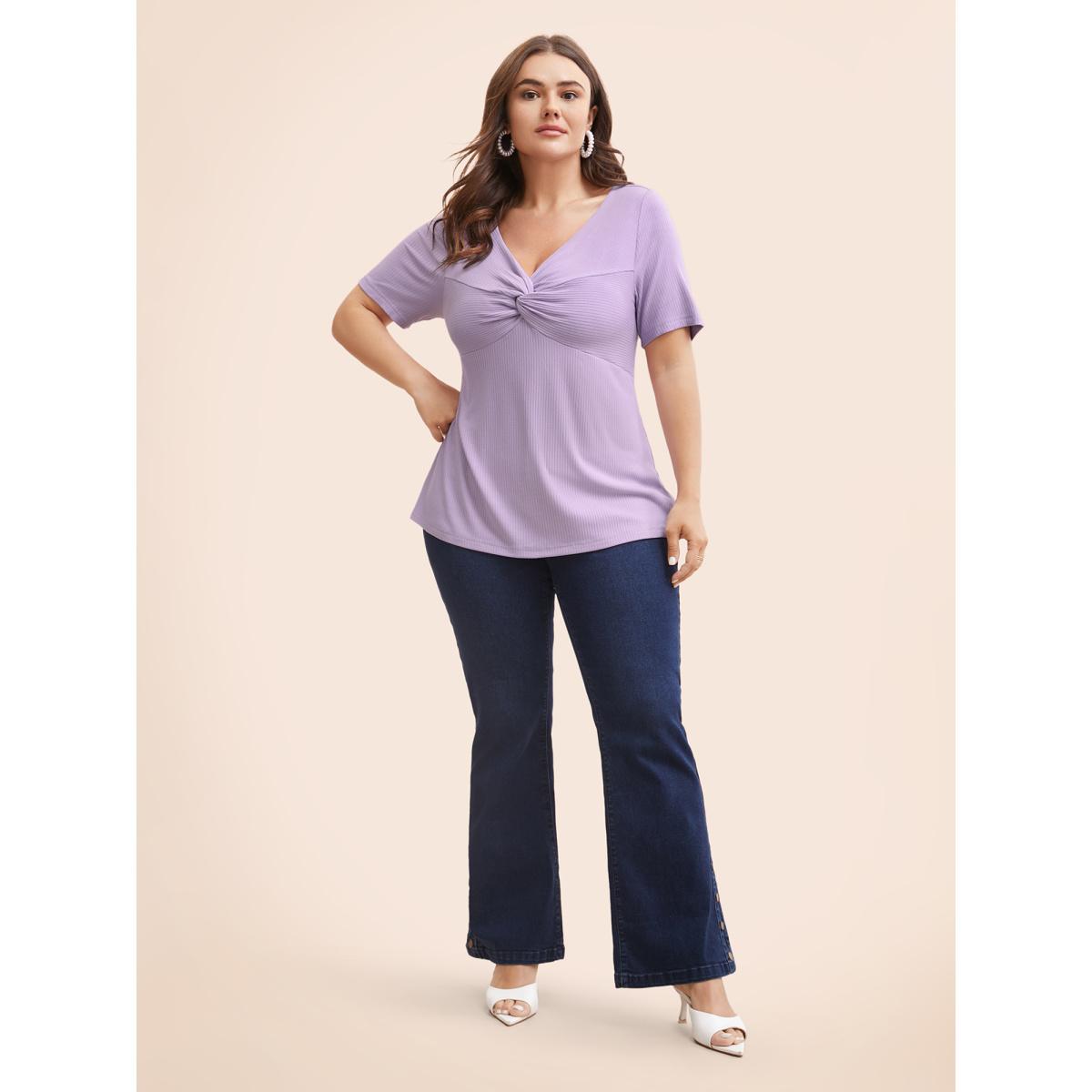 Plus Size Plain Textured Rib Knit Twist Front T-shirt Lilac Women Elegant Twist V-neck Bodycon Everyday T-shirts BloomChic 18-20/2X Product Image