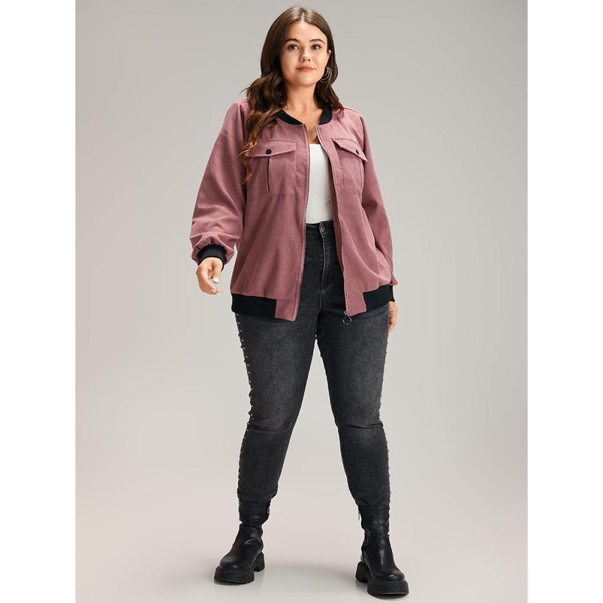 Plus Size Patchwork Contrast Pocket Zipper Button Detail Jacket Women DustyPink Elastic cuffs Pocket Dailywear Jackets BloomChic 26/4X Product Image