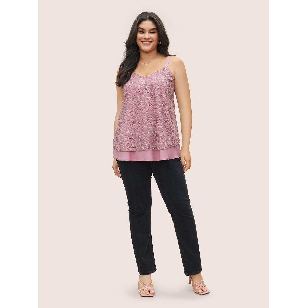 Plus Size Tiered Lace Panel Adjustable Straps Cami Top Women DustyPink Elegant Tiered Everyday Tank Tops Camis BloomChic 14-16/1X Product Image