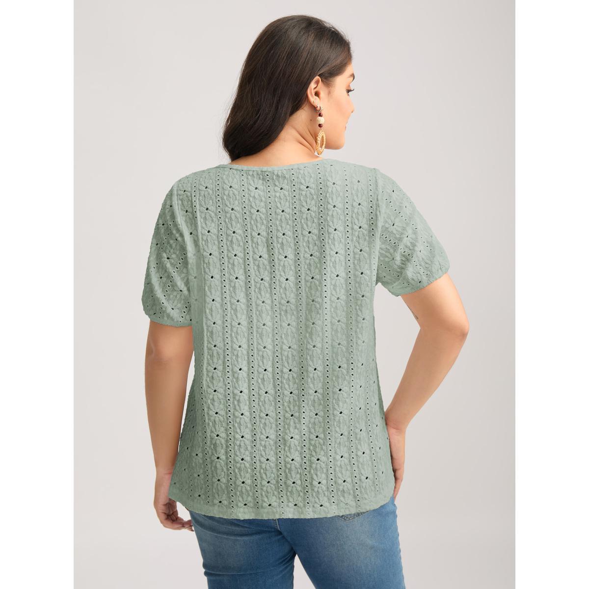 Plus Size Eyelet Trim Floral Embroidered Solid T-Shirt Mint Women Woven ribbon&lace trim Square Neck Everyday-Elegant T-shirts BloomChic 26/4X Product Image