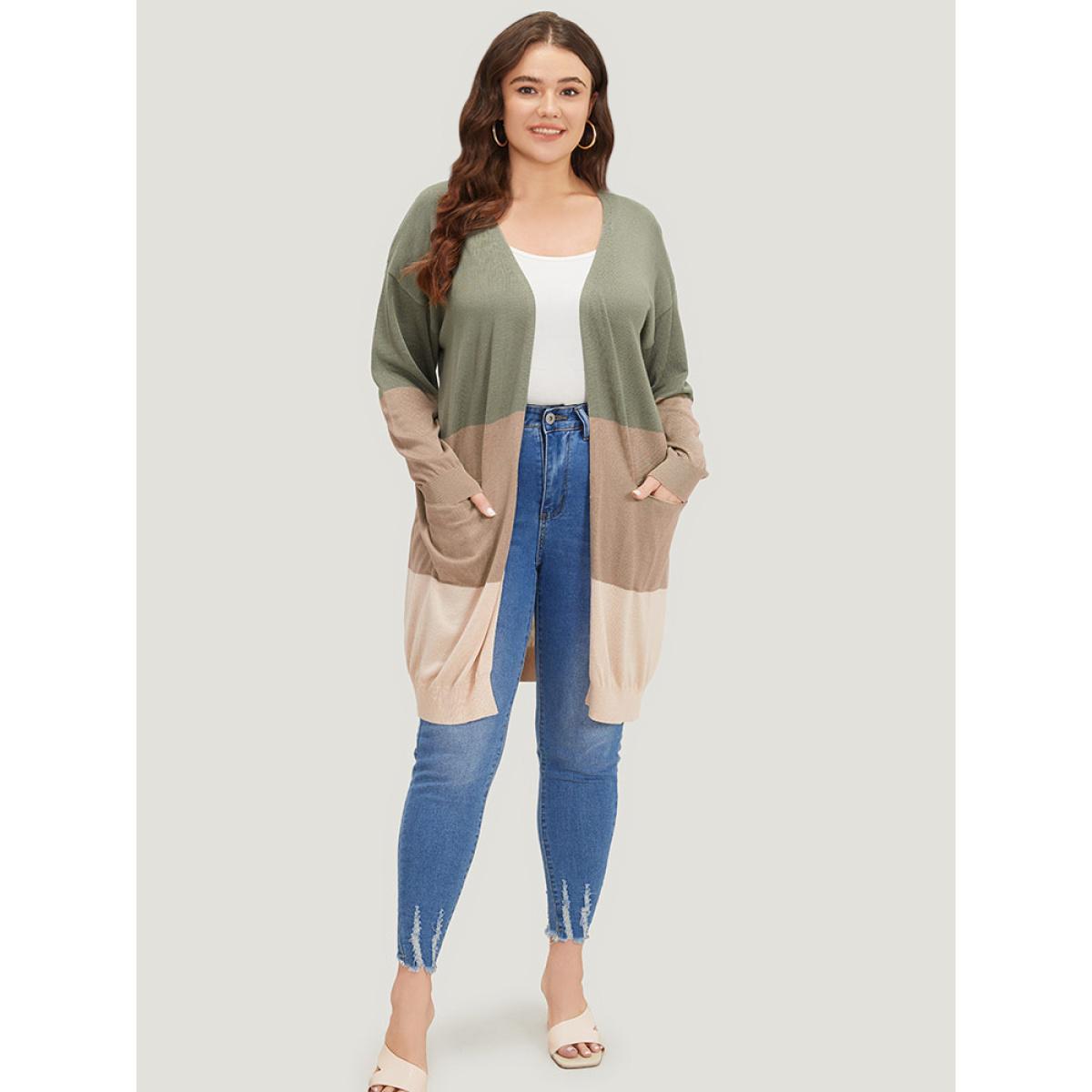 Plus Size Supersoft Essentials Colorblock Pocket Tunic Cardigan Sage Women Casual Loose Long Sleeve Everyday Cardigans BloomChic 30/6X Product Image