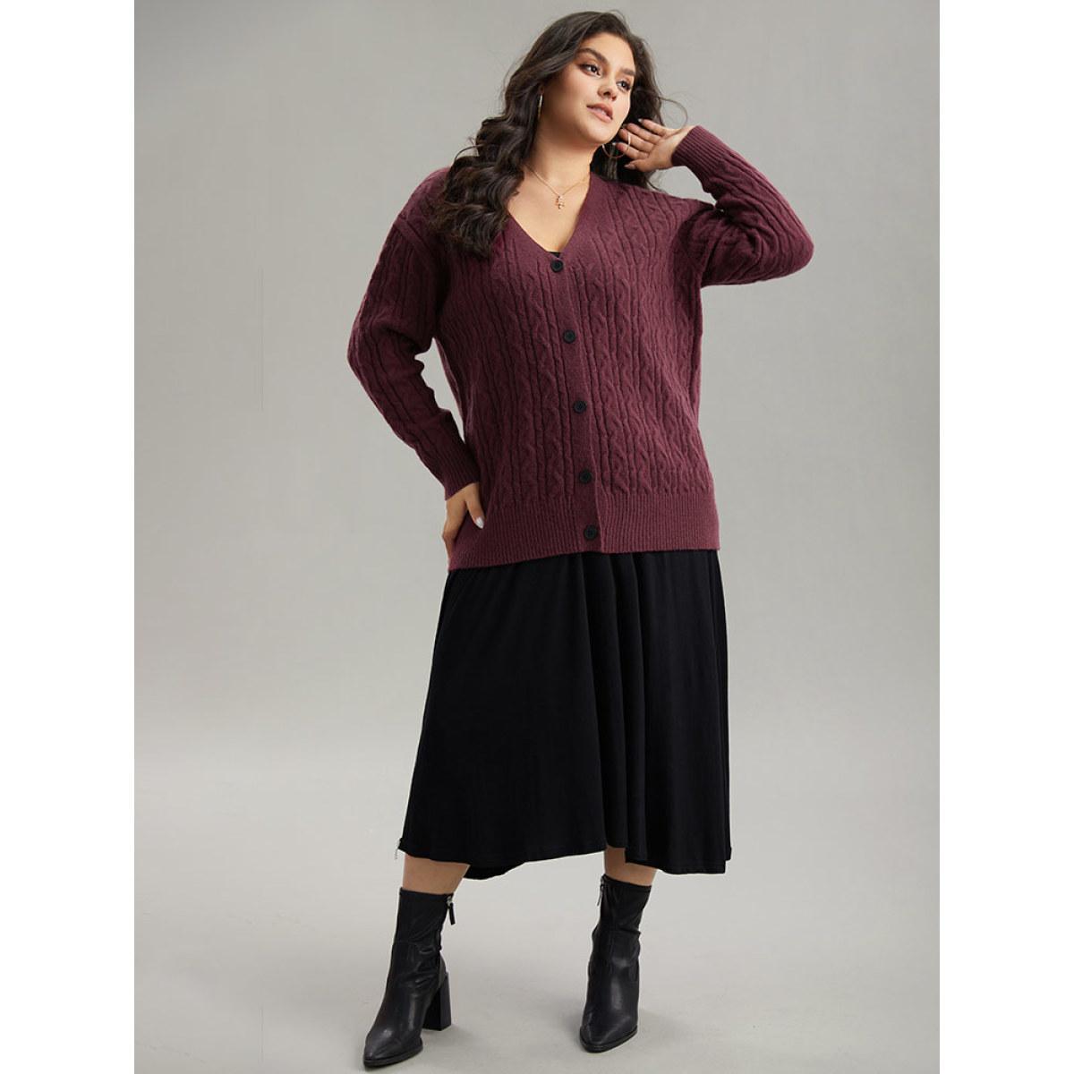 Plus Size Solid Cable Knit Button Fly Cardigan Burgundy Women Casual Loose Long Sleeve Everyday Cardigans BloomChic 12/L Product Image