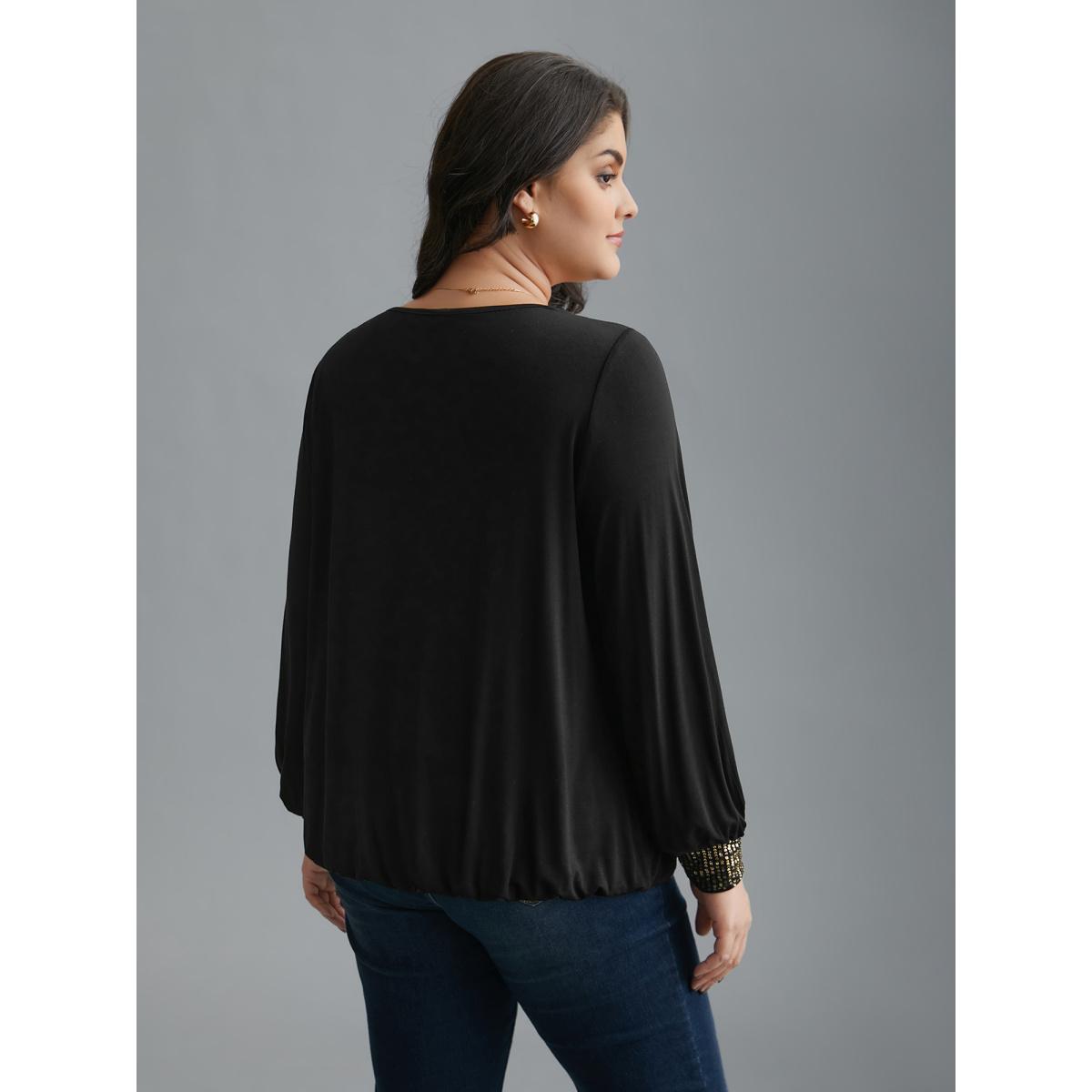 Plus Size Supersoft Essentials Sequin V-Neck T-shirt Black Women Elegant Patchwork V-neck Everyday T-shirts BloomChic 18-20/2X Product Image