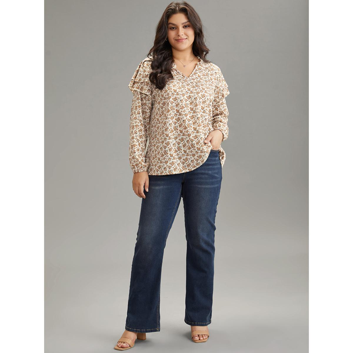 Plus Size Apricot Ditsy Floral Notched Tiered Ruffles Lantern Sleeve Blouse Women Elegant Long Sleeve Notched collar Dailywear Blouses BloomChic 22-24/3X Product Image