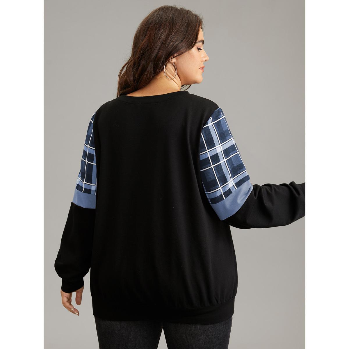 Plus Size Colorblock Plaid Contrast Crew Neck Sweatshirt Women Stone Casual Contrast Round Neck Dailywear Sweatshirts BloomChic 10/M Product Image