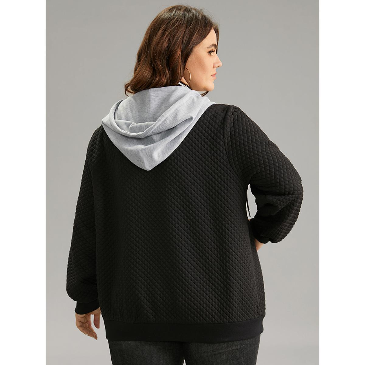 Plus Size Contrast Hooded Drawstring Pocket Zipper Fly Coat Women Black Rib Knit Pocket Dailywear Jackets BloomChic 28/5X Product Image