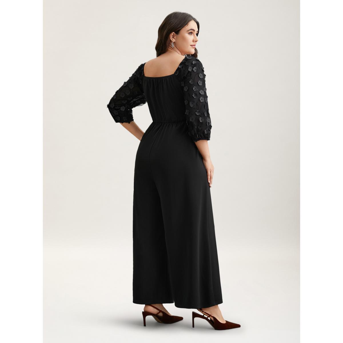 Plus Size Black Floral Mesh Sleeve Pockets Straight-Leg Jumpsuit Women Elegant Elbow-length sleeve Square Neck Everyday-Elegant Loose Jumpsuits BloomChic 28/5X Product Image