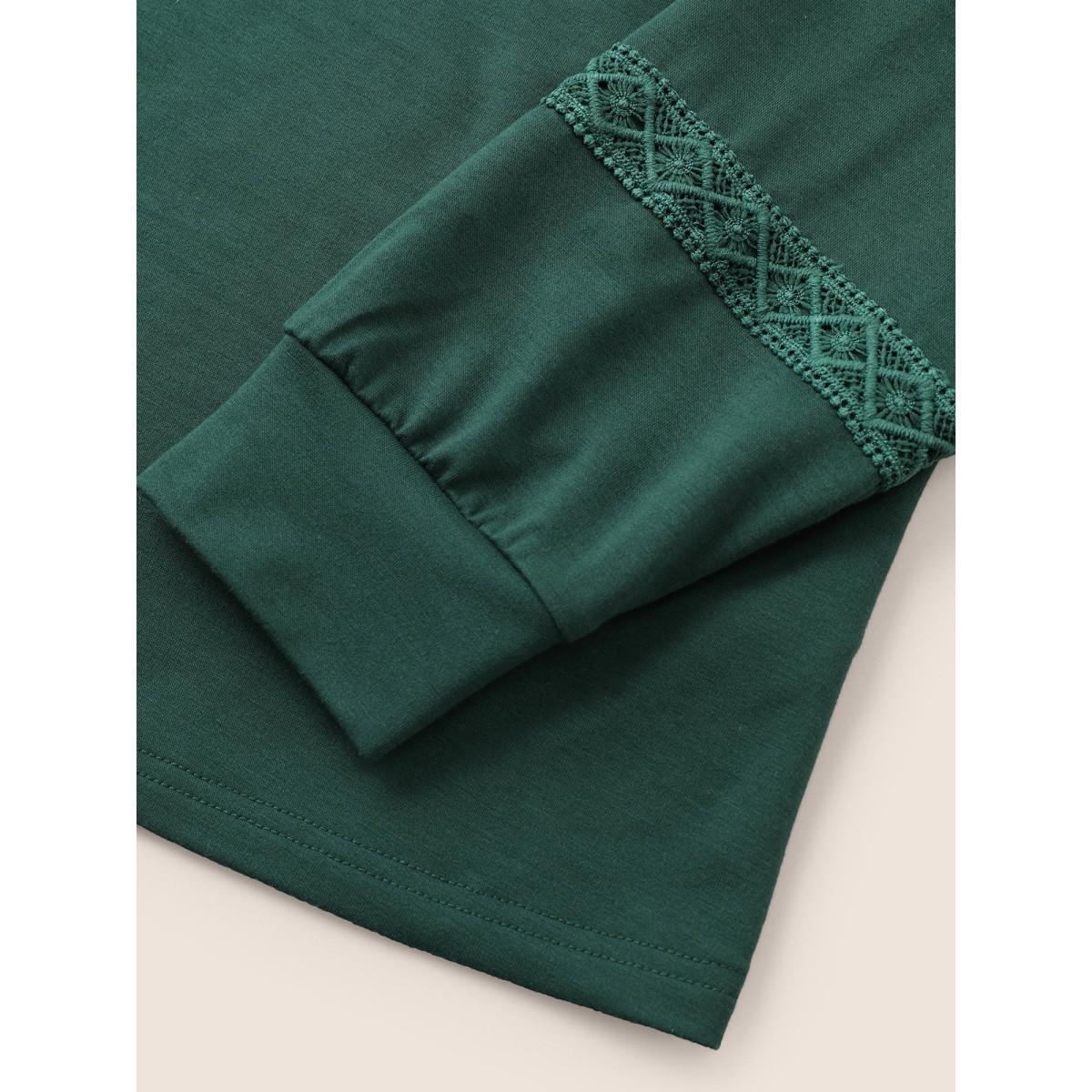 Plus Size Plain Guipure Lace Eyelet Sweatshirt Women DarkGreen Casual Cut-Out Round Neck Everyday Sweatshirts BloomChic 22-24/3X Product Image