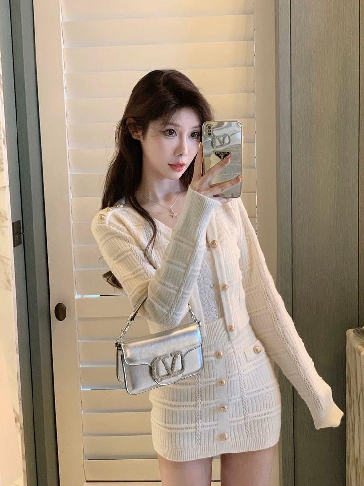 Set: V-Neck Plain Cardigan + High Rise Button Knit Mini Pencil Skirt Product Image