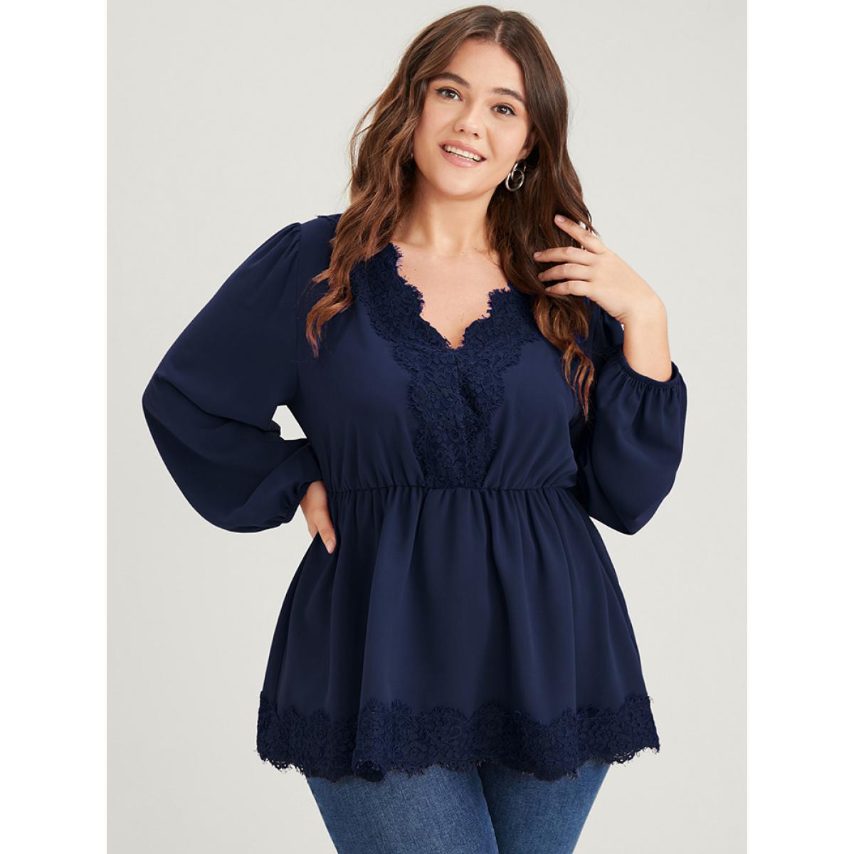 Plus Size Navy Solid Lantern Sleeve Ruffle Hem Lace Trim Blouse Women Elegant Long Sleeve V-neck Dailywear Blouses BloomChic 22-24/3X Product Image