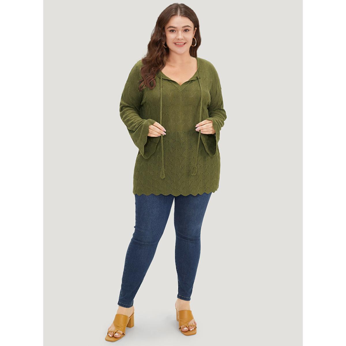 Plus Size Solid Ties Bell Sleeve Scalloped Trim Breathable Pullover Moss Women Casual Loose Long Sleeve V-neck Dailywear Pullovers BloomChic 26/4X Product Image