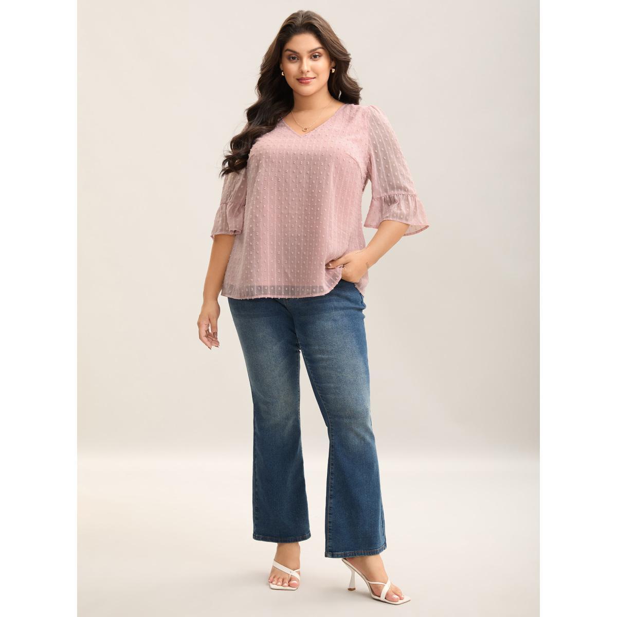 Plus Size Dirtypink Textured Woven V-Neck Blouse Women Elegant Elbow-length sleeve V-neck Everyday Blouses BloomChic 14-16/1X Product Image