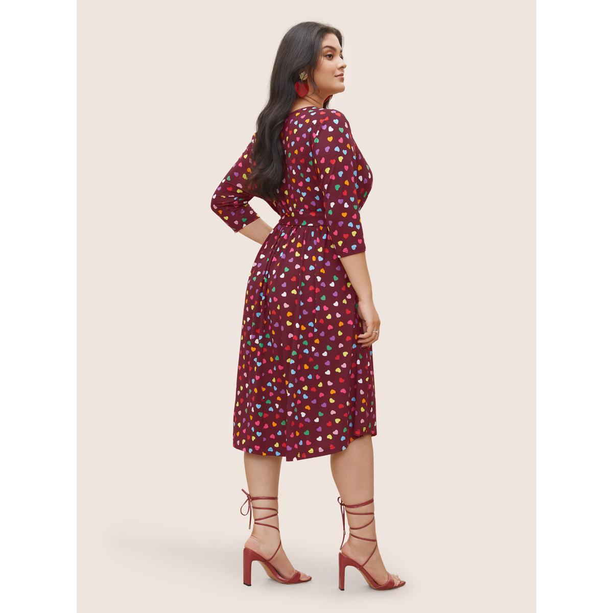 Plus Size Colored Heart Print Belted Overlap Collar Dress Burgundy Women Casual Belted Overlap Collar Elbow-length sleeve Curvy Midi Dress BloomChic 10/M Product Image