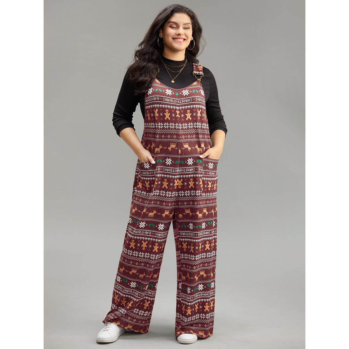 Plus Size Rouge Christmas Print Adjustable Straps Jumpsuit Women Casual Sleeveless Spaghetti Strap Dailywear Loose Jumpsuits BloomChic 14-16/1X Product Image