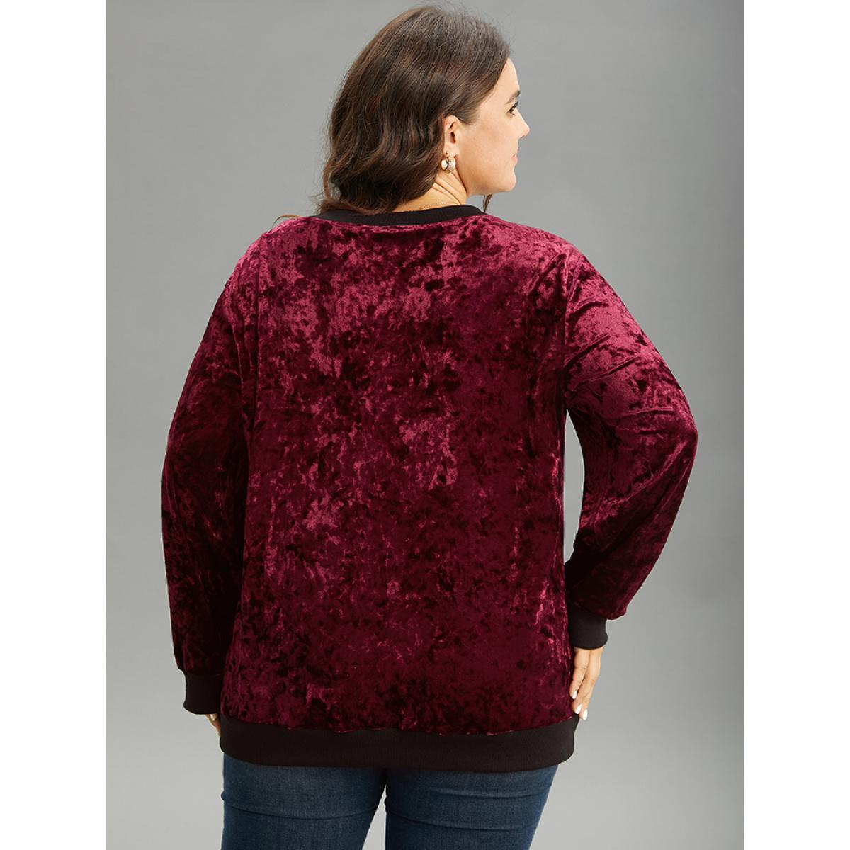 Plus Size Velvet Contrast V Neck Rib Knit Sweatshirt Women Raspberry Casual Velvet V-neck Festival-Christmas Sweatshirts BloomChic 12/L Product Image