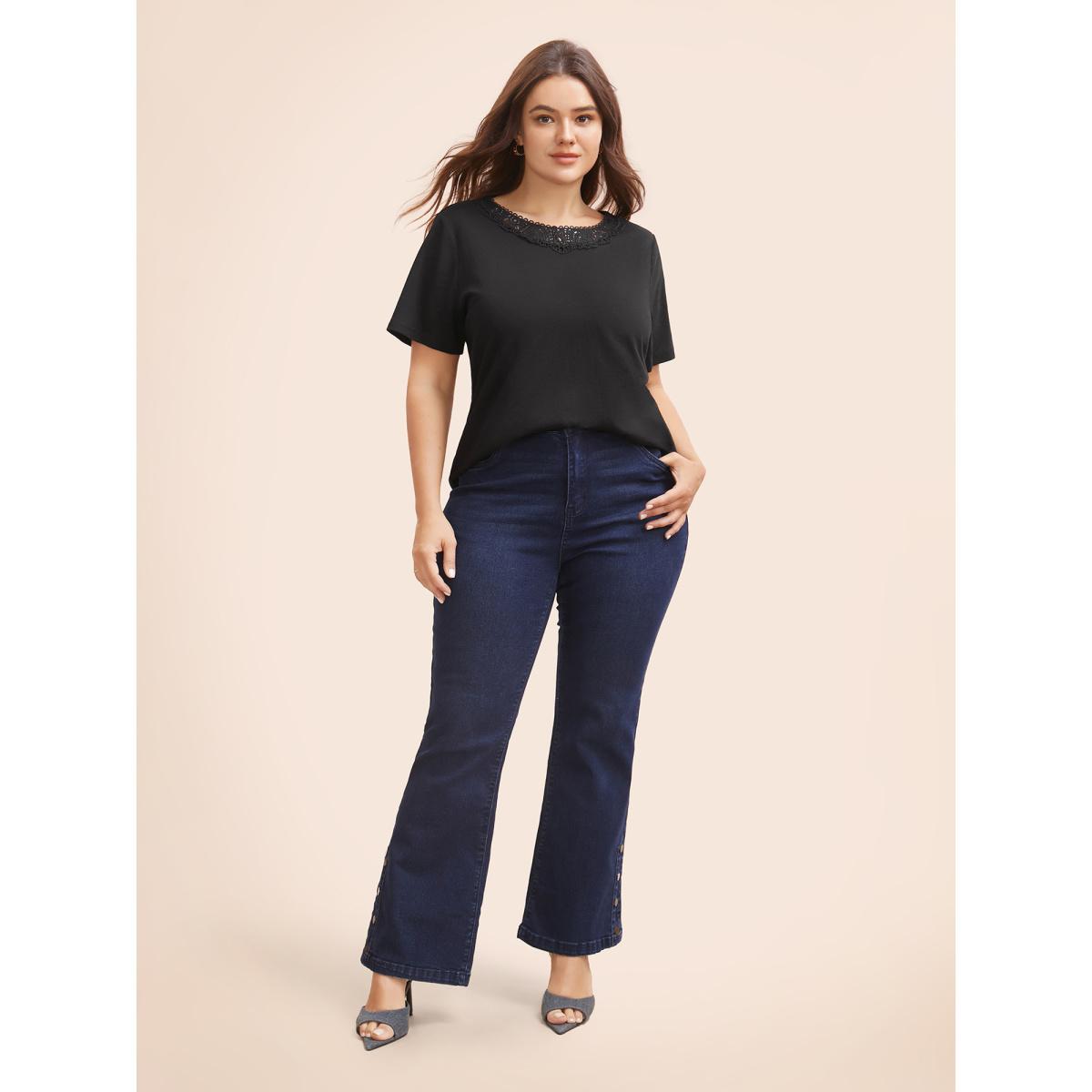 Plus Size Crew Neck Stretch Lace Patchwork T-shirt Black Women Elegant Patchwork Non Everyday T-shirts BloomChic 22-24/3X Product Image